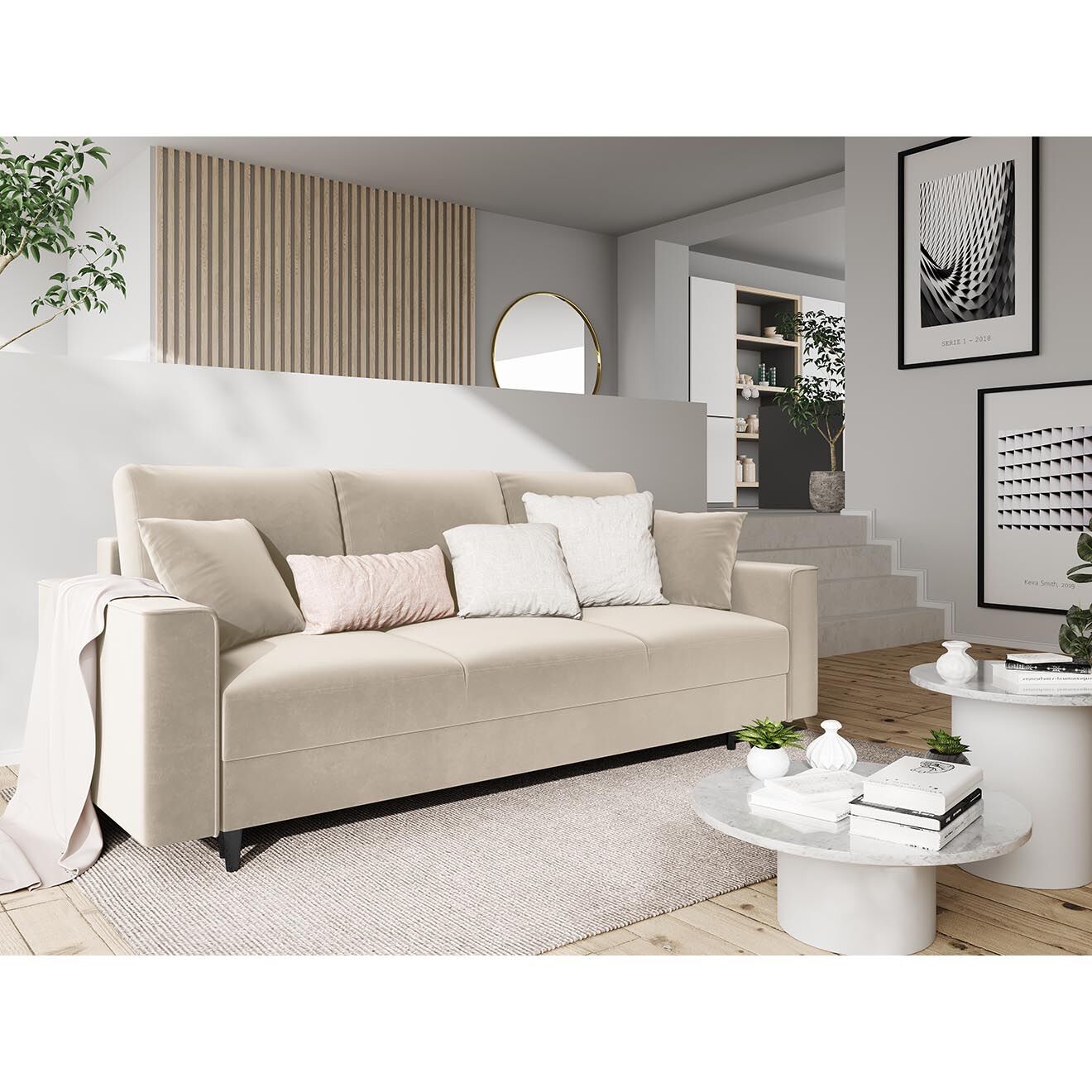 Mazzini Sofas Canapé Velours Convertible 3 places  avec Coffre Cartadera beige - 222x100x92 cm