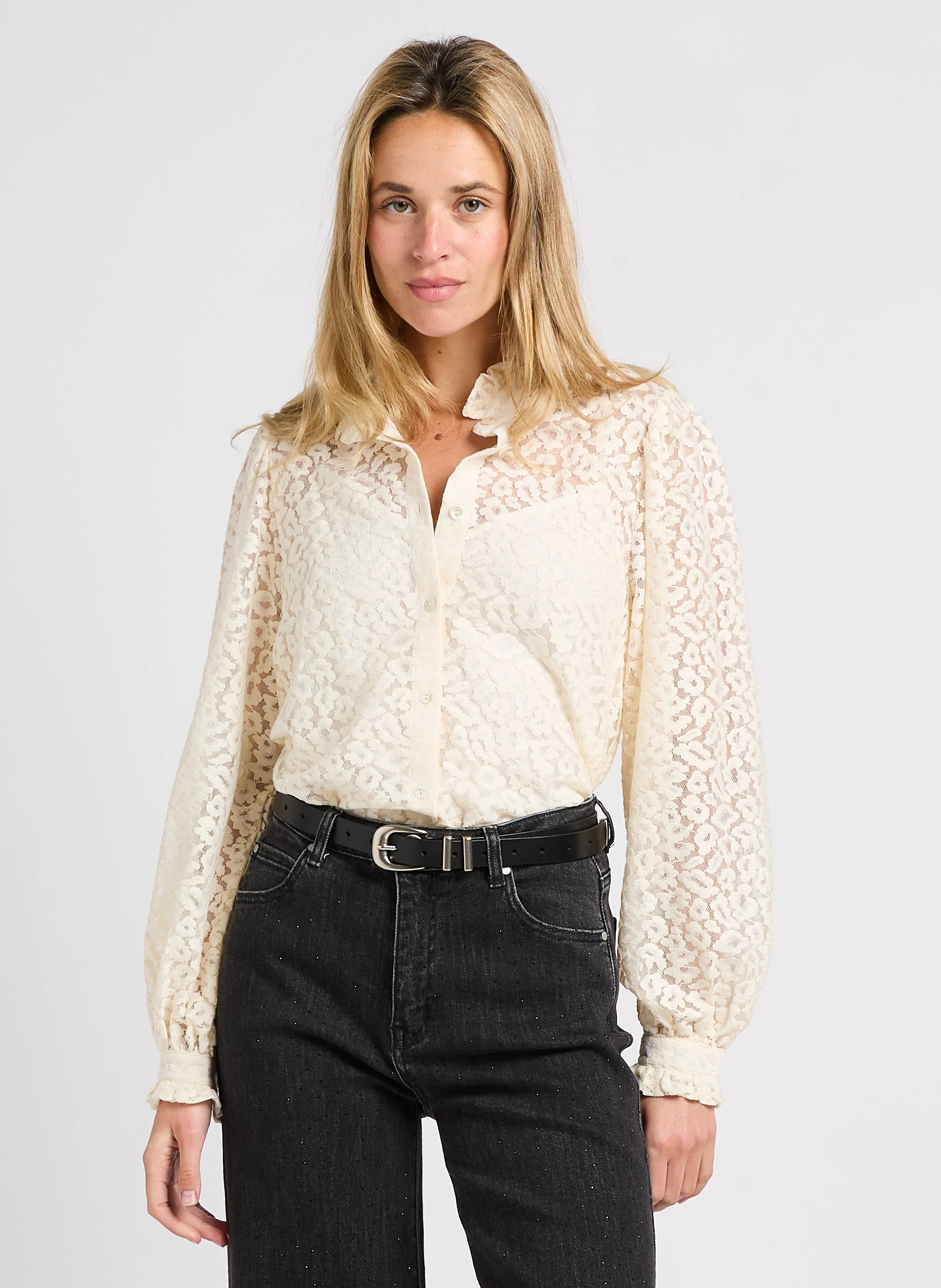 LANNA - Chemise ample col montant en coton mélangé | Blanc