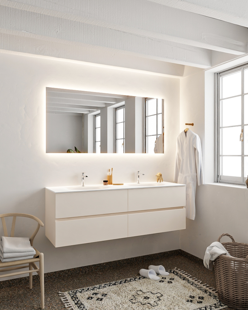 Mondiaz Vica 150cm badmeubel linen 4 lades wastafel Moon dubbel met 2 kraangaten