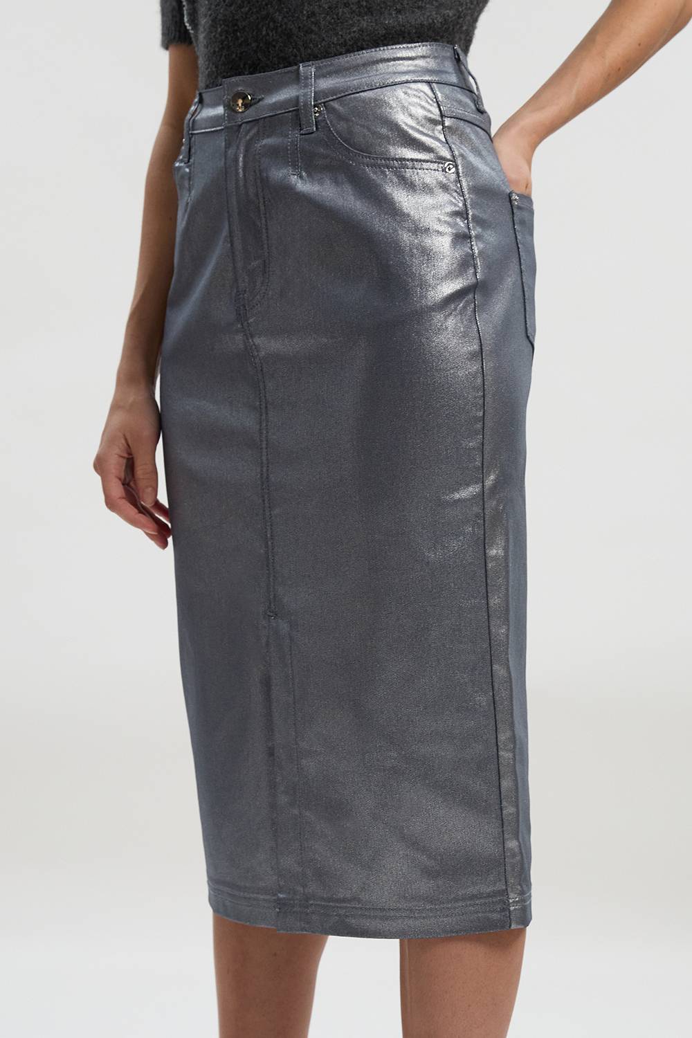 KarenMillen Jupe Crayon Mi-Longue en Denim à Revêtement Métallisé