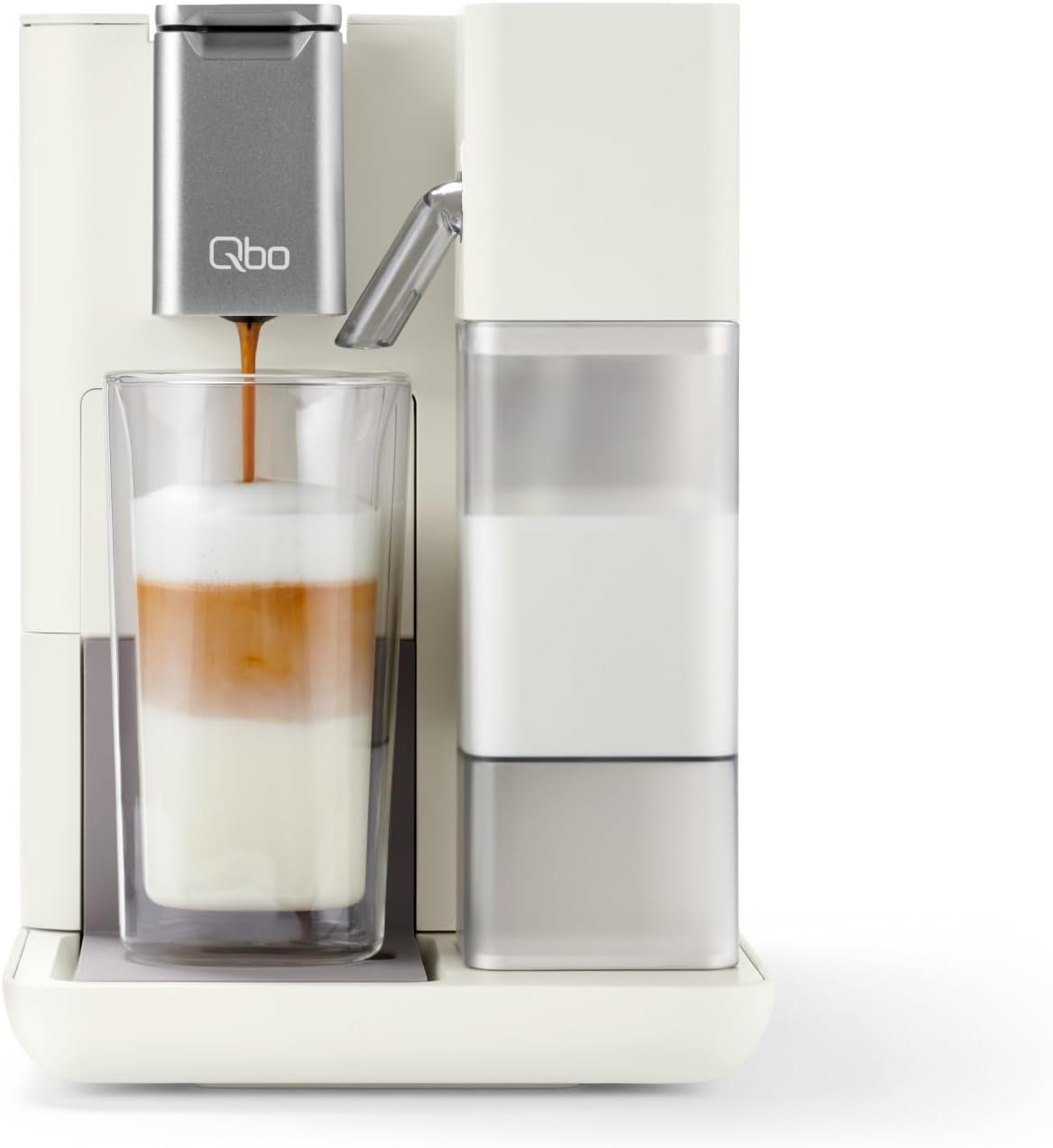 Tchibo Qbo MILK MASTER Premium Kapselmaschine inkl. 16 recyclebare Qbo Kapseln für Cappuccino, Espresso, Caffè Crema, Milchschaum auf Knopfdruck mit abnehmbarem Milchtank 300ml, White Cashmere