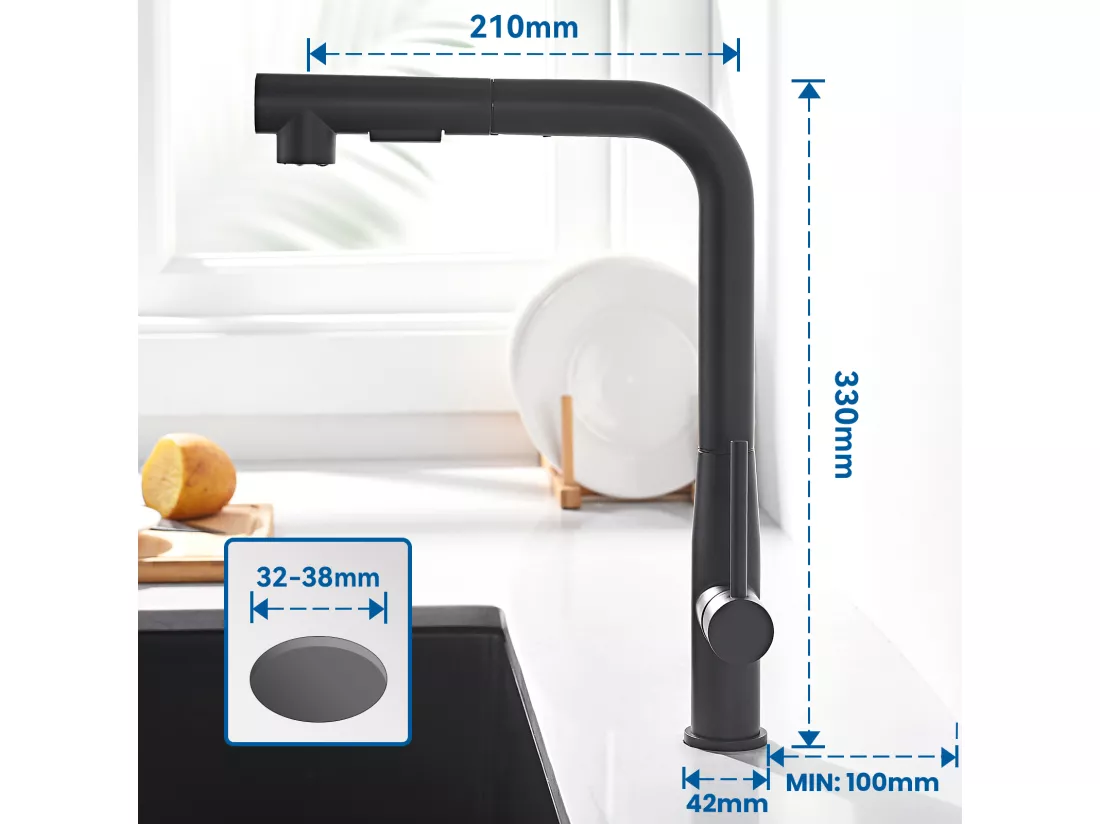 2PCS AURALUM MAX Robinet Cuisine, Mitigeur d'Évier Inox avec Douchette Extractible,2 Modes Jets Eau Froide/Chaude Rotatif à 360° ,Bec en Forme L,Noir