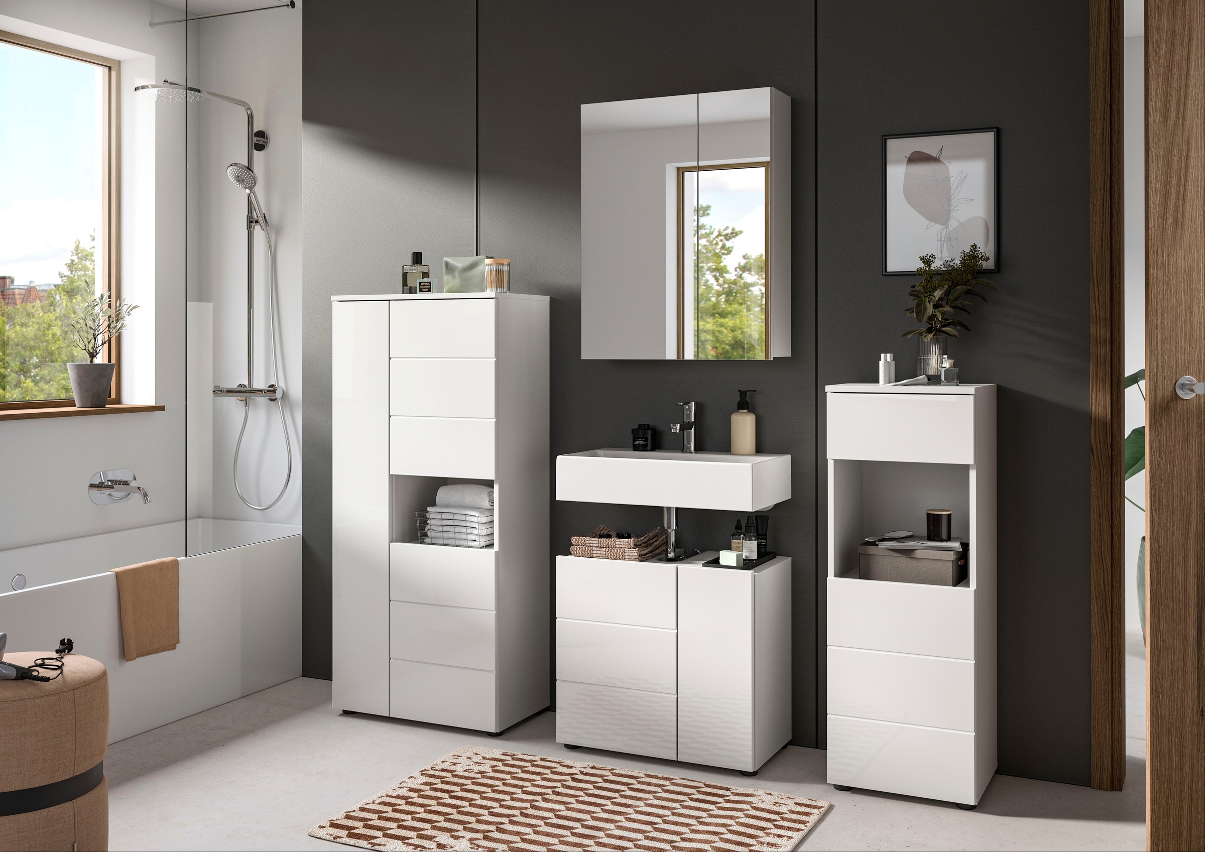 welltime Badmöbel-Set »Biel, Höhe 190 cm, Midischrank, Unterschrank, Spiegelschrank« 3 Stk. tlg.
