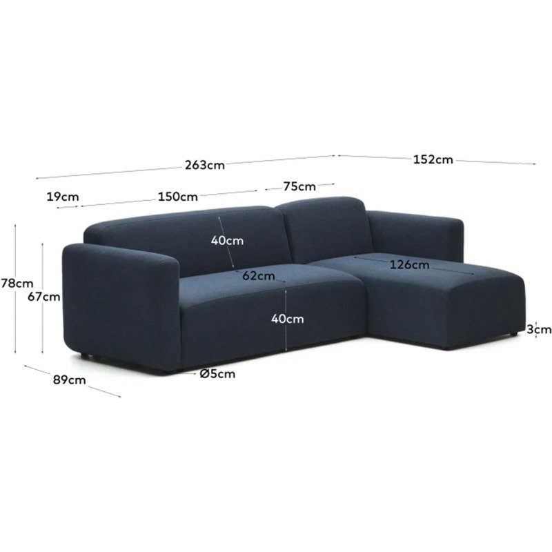 Canapé modulable Neom 3 places méridienne droite/gauche tissu structuré bleu 263 cm