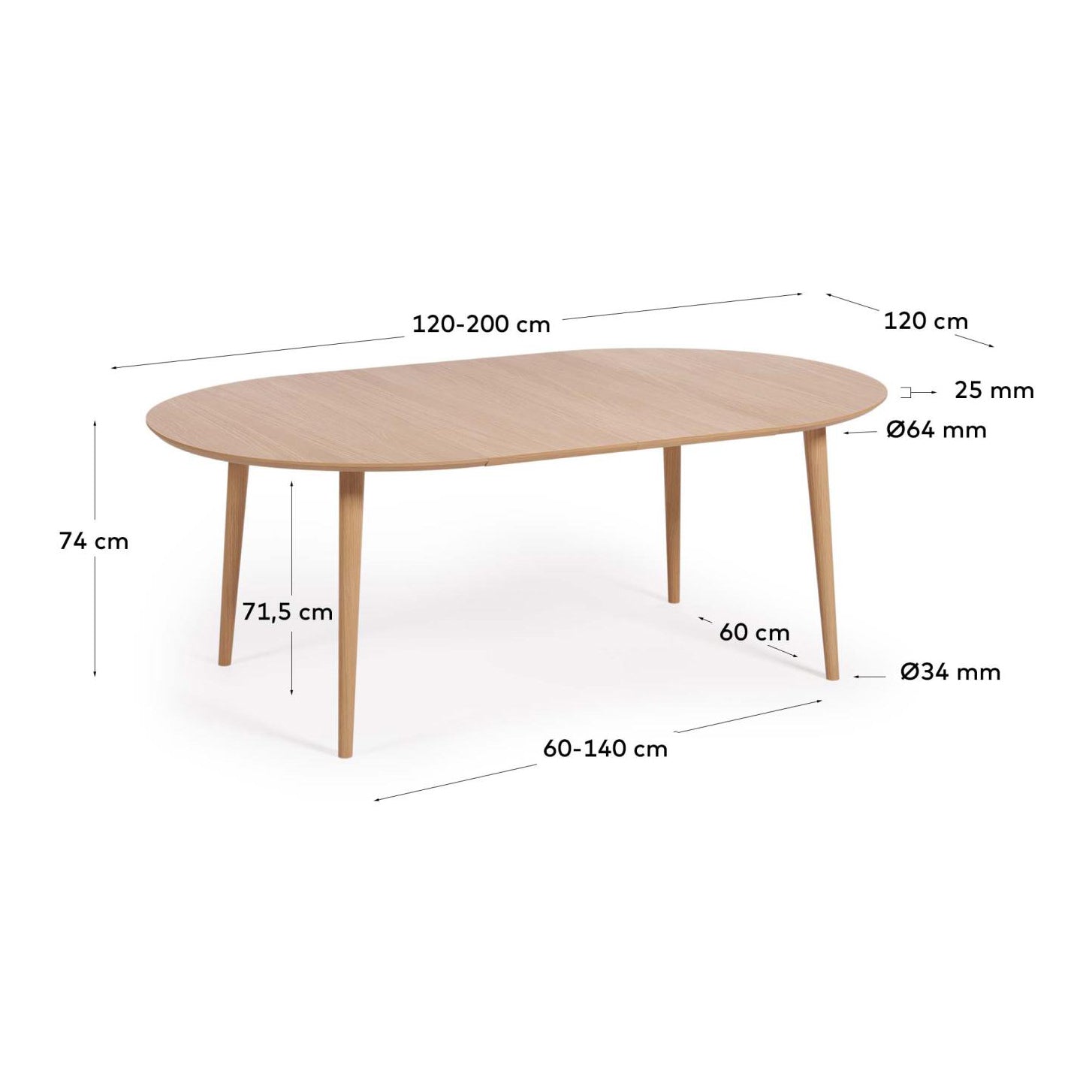 Kave Home Oqui Eettafel Uitschuifbaar Rond - 120|200 x 120 cm - Eiken