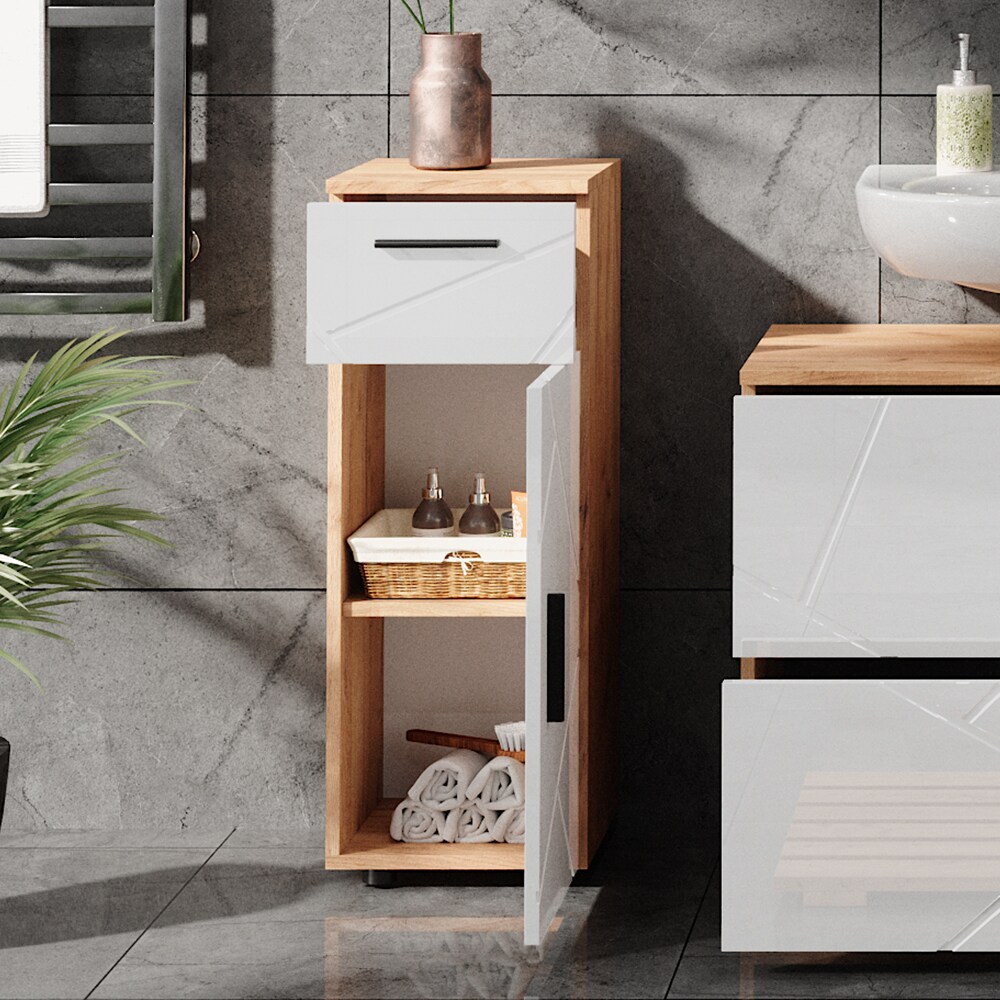 Vicco Midischrank Badschrank Badezimmermöbel Irma Eiche Weiß Hochglanz modern 30x81 cm Badezimmer Schrank Badkommode Badmöbel Schrankschublade Schranktür