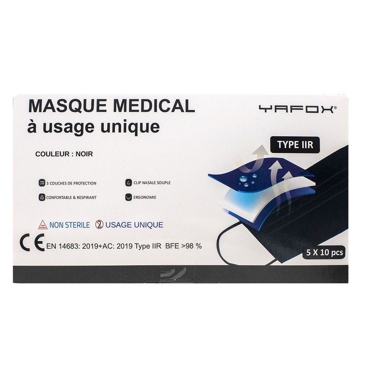 50 masques médicaux usage unique type IIR noir