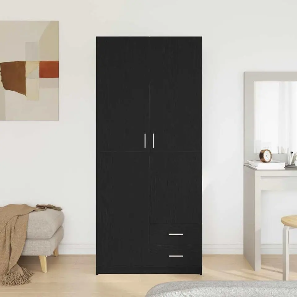 vidaXL - 2-deurs Kledingkast met 2 lades - Bewerkt hout - Zwart - 80x52x180 cm