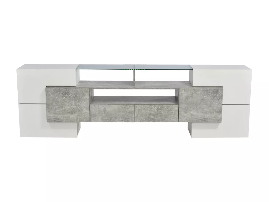 Meuble TV - 200x38x48cm LED brillant blanc et gris - finition verre - 4 portes de rangement 2 tiroirs 3 compartiments - gris