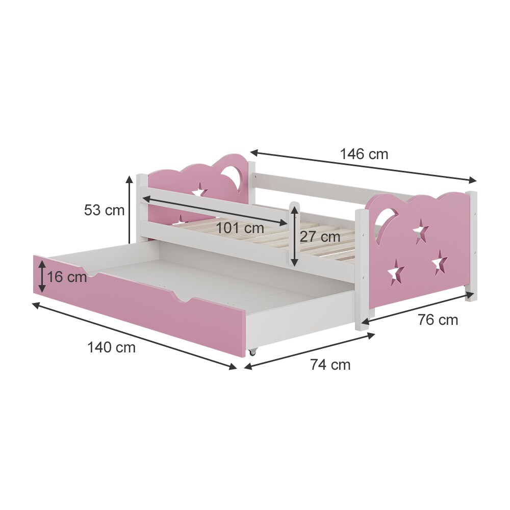 VitaliSpa Kinderbett Einzelbett Juniorbett Jessica Weiß Pink 140x70 cm modern Kinderzimmer Bett Bettschublade Rausfallschutz
