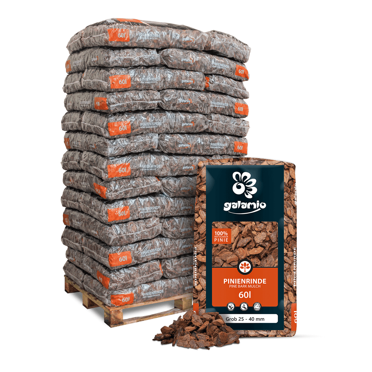 Galamio dennenschorsmulch, grof, 60l x 39 zakken, 2340l pallet