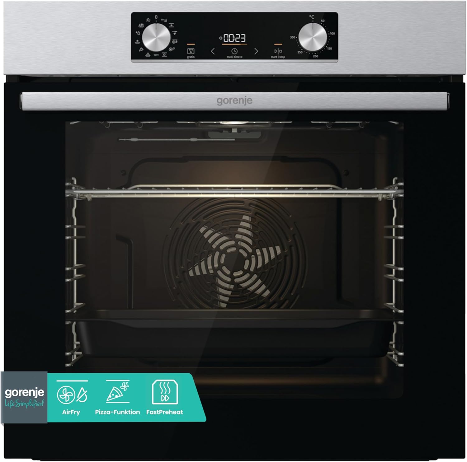 Gorenje OptiBake BOS 6737 E02X Einbau-Backofen / 77L / AquaClean/Heißluft/ExtraSteam/AirFry/PerfectGrill/Pizzamode 300°C/Edelstahl, Inox