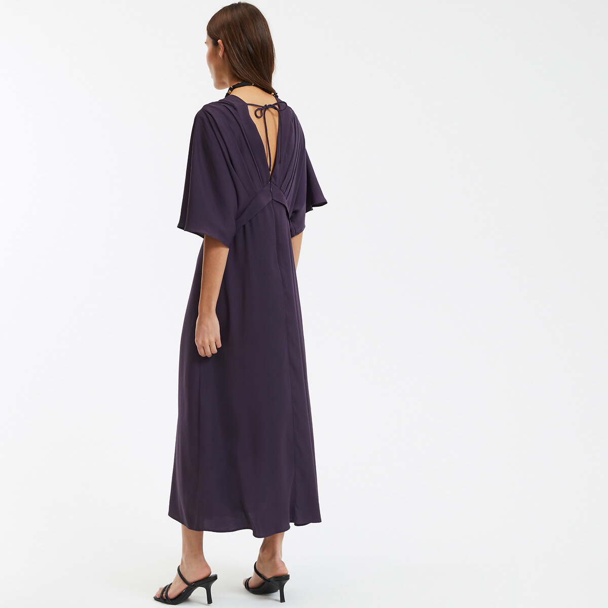 COLEÇÃO LA REDOUTE<br>Vestido longo com estampa de bandeira, decote em V e mangas até o cotovelo