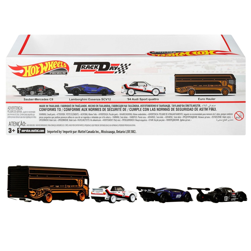 Hot Wheels 1:64 Premium Sammler-Display-Sets, 3 Autos & 1 Transporter