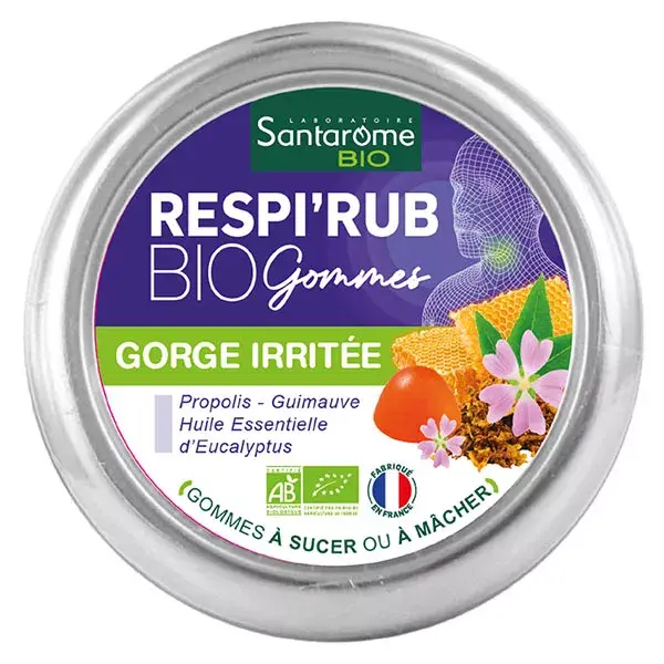Gomas de mascar orgânicas Santarome Bio Respir'Rub para dor de garganta com própolis 45g