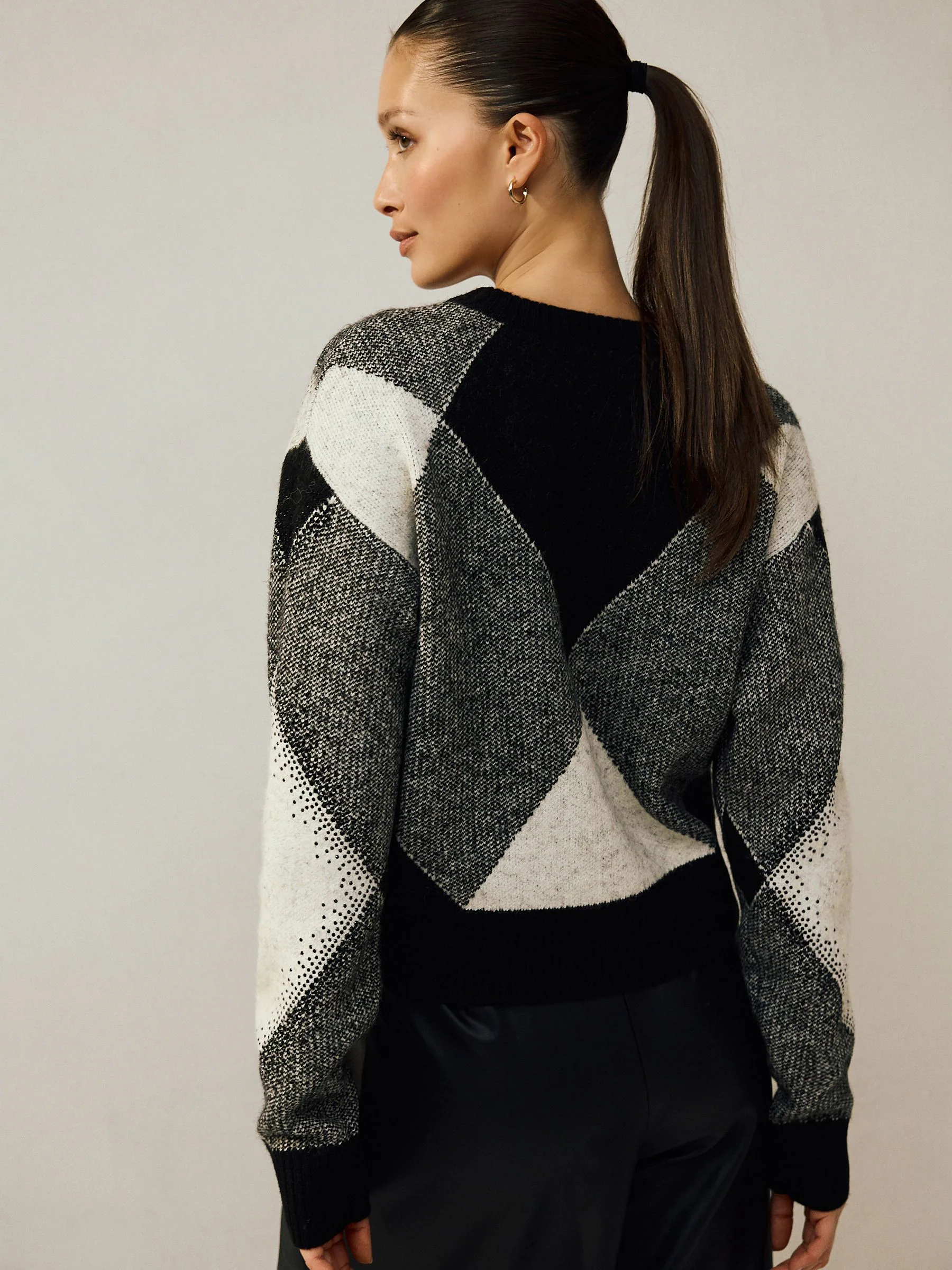 Zwart/wit - Sparkle Argyle Embellished Cardigan With Wool