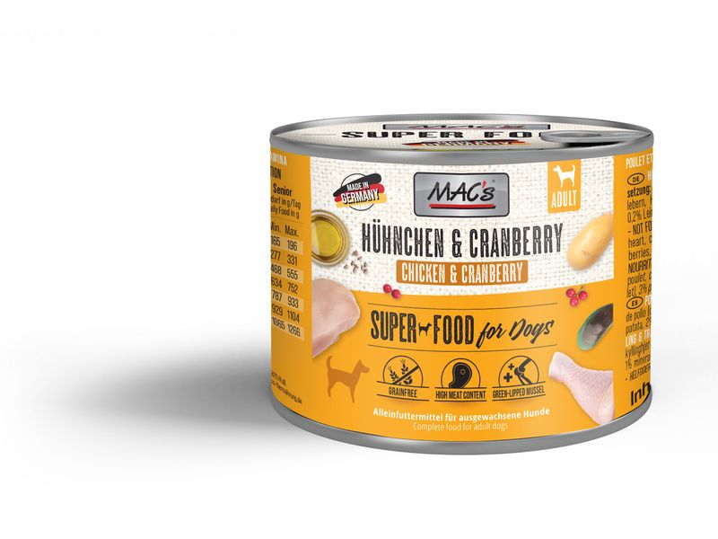 MAC's Nassfutter Hühnchen und Cranberry 200 g Alleinfuttermittel für ausgewachsene Hunde
