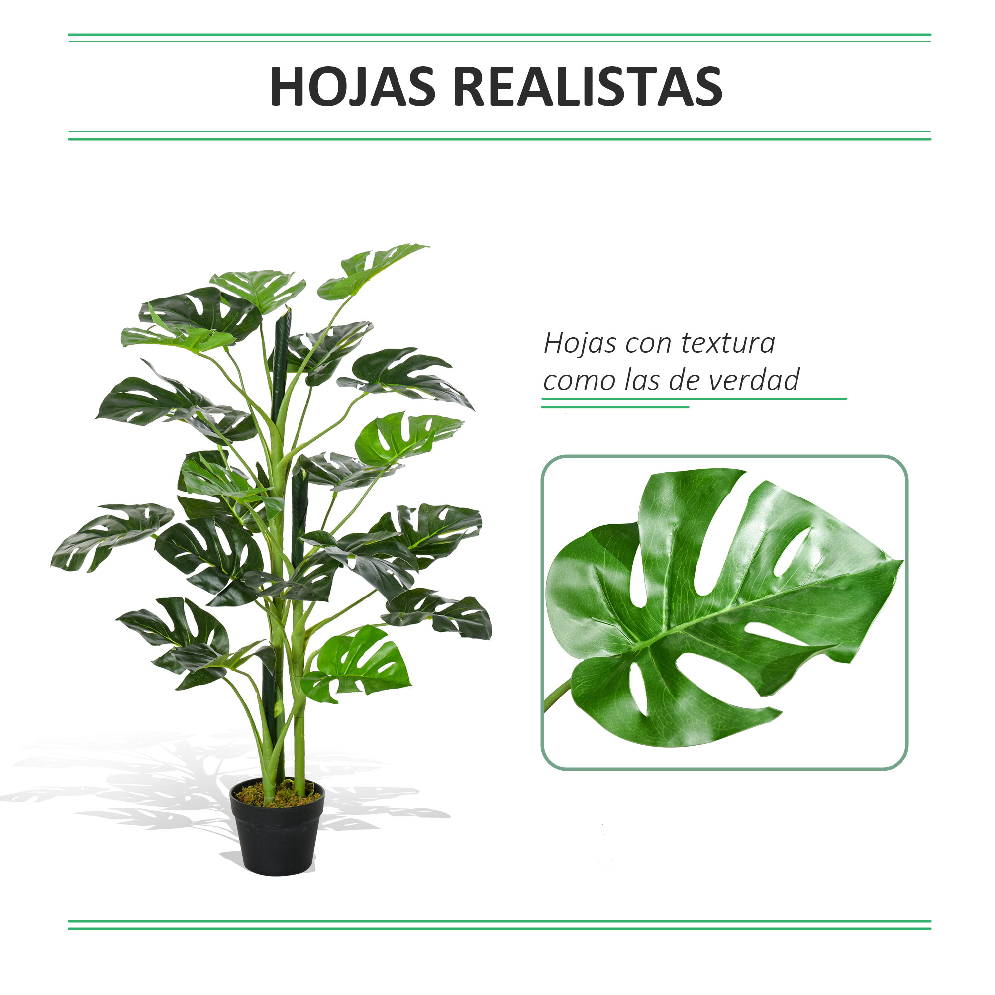 Planta artificial Outsunny Monstera com vaso, árvore tropical sintética com 21 folhas para casa ou escritório, Ø16x100 cm, verde
