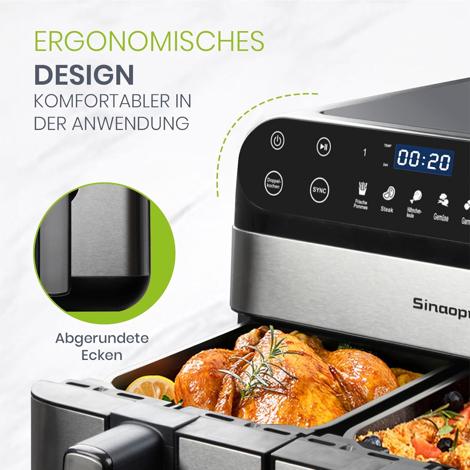 Heißluftfritteuse 2 Kammern,Dual Zone Heißluftfritteuse 10L – Doppelkammer XXL 2400 W, LED-Touchscreen, 8 Programme, Friteuse Heissluft ohne Öl, Airfryer mit 2 Körben(10L)