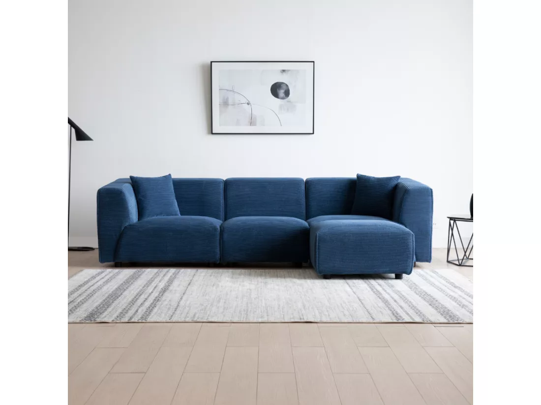 Canapé modulable 4 places: canapé droit 3 places + 1 pouf velours côtelé bleu Monroe