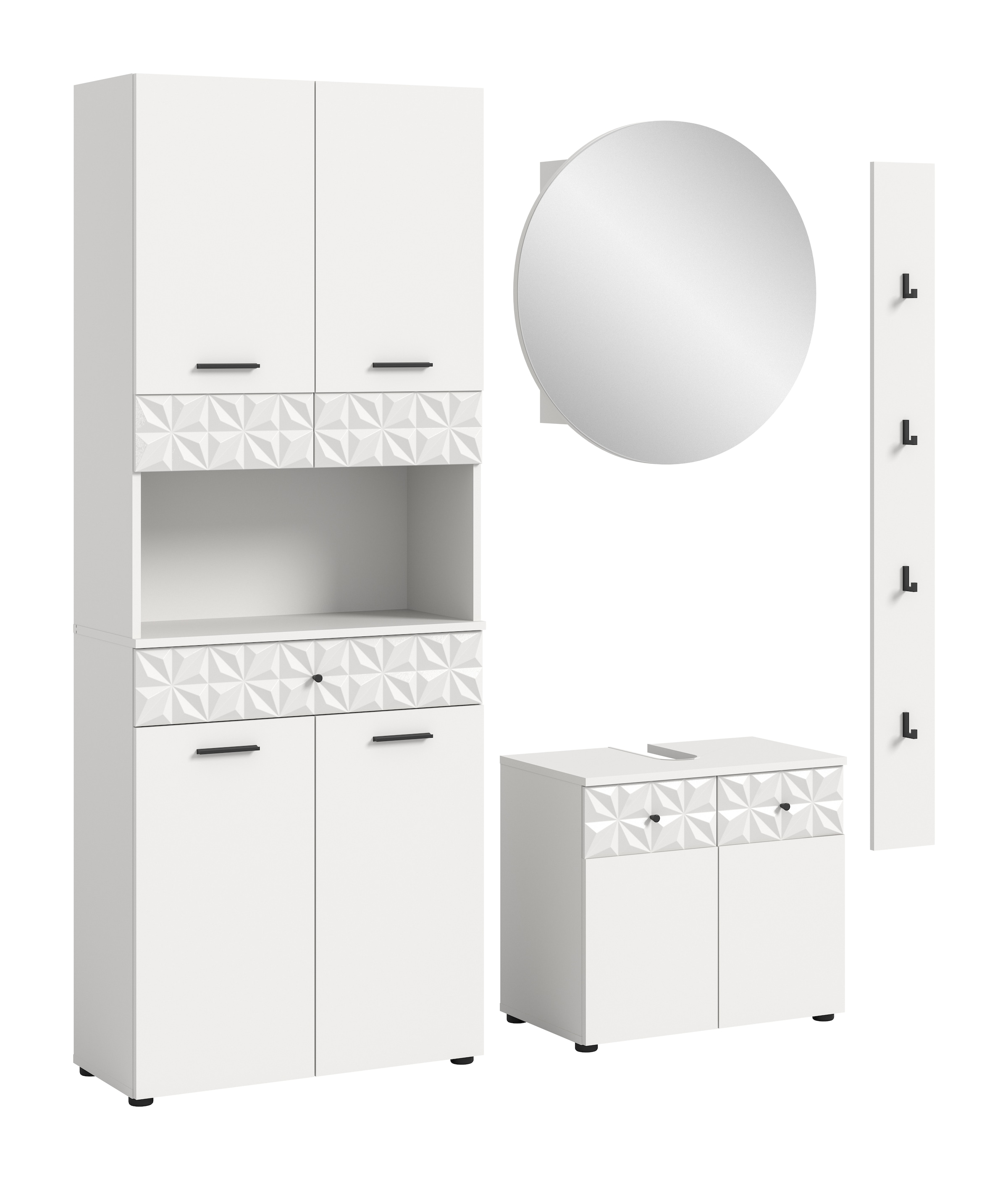 INOSIGN Badezimmer-Set »VICENZA, TOPSELLER!, Breite 176cm, 4-teilig, mit Ornamentabsetzung« Hochschrank, Waschbeckenunterschrank, Spiegelschrank und Hakenleiste,