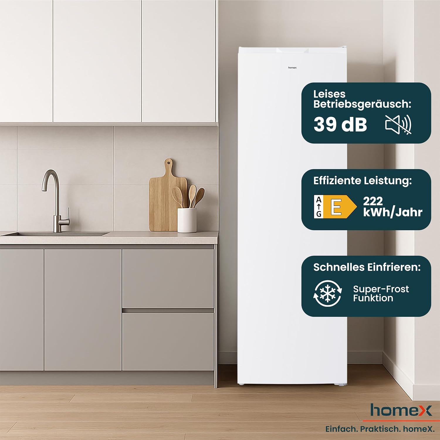 homeX Gefrierschrank NoFrost, Tiefkühlschrank groß - 204L Nutzinhalt, 4-Sterne Gefrieren, XXL Freezer, Gefrierschränke freistehend, Temperaturregelung, Super-Frost-Funktion, leise 39 dB, weiß