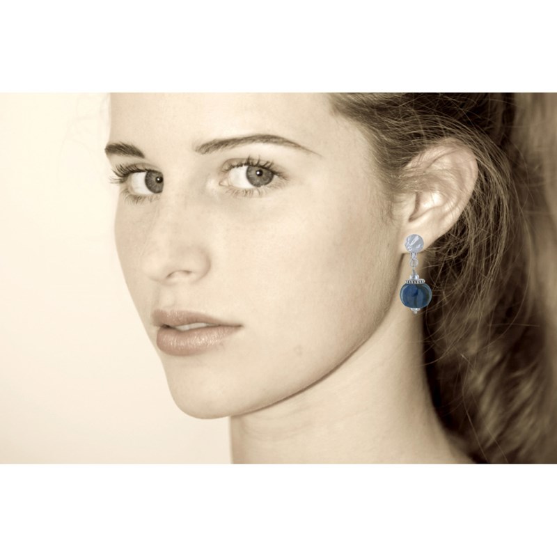 Boucles d'Oreilles Clip Métal Argenté et Grosses Perles en Céramique