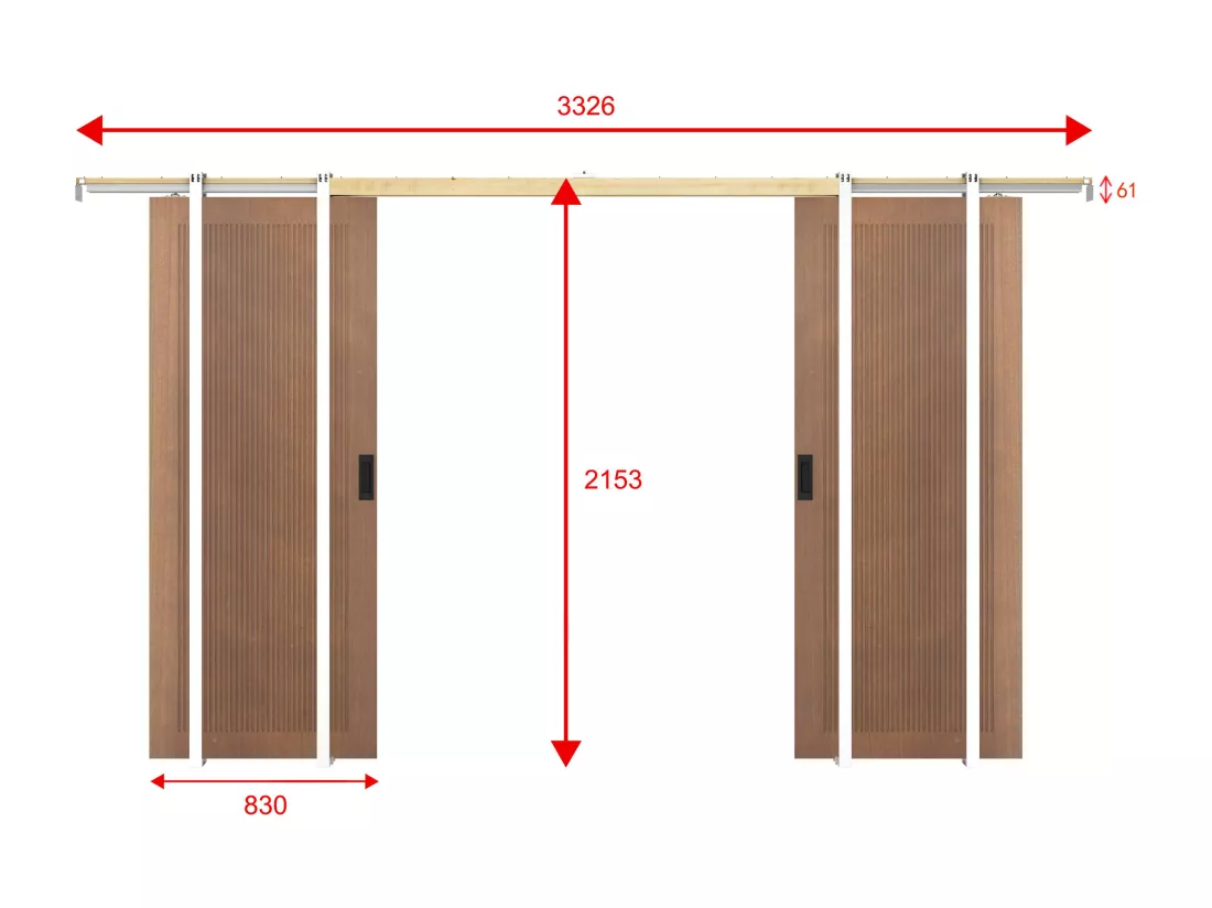 Porte coulissante double avec système à galandage en MDF et bois - naturel foncé - 2 x H205 x L83 cm - SANDORA