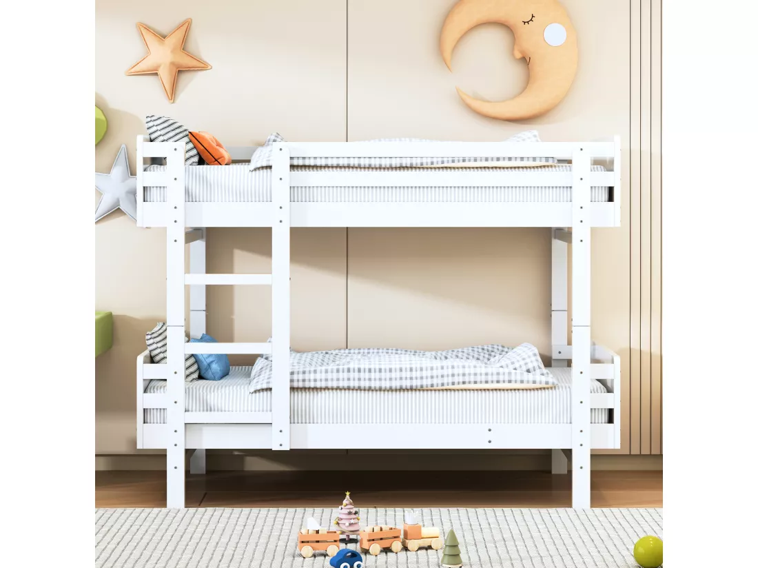 Lit superposé pour enfant blanc 90 x 190 cm, cadre en bois massif, convertible en deux lits à plateforme