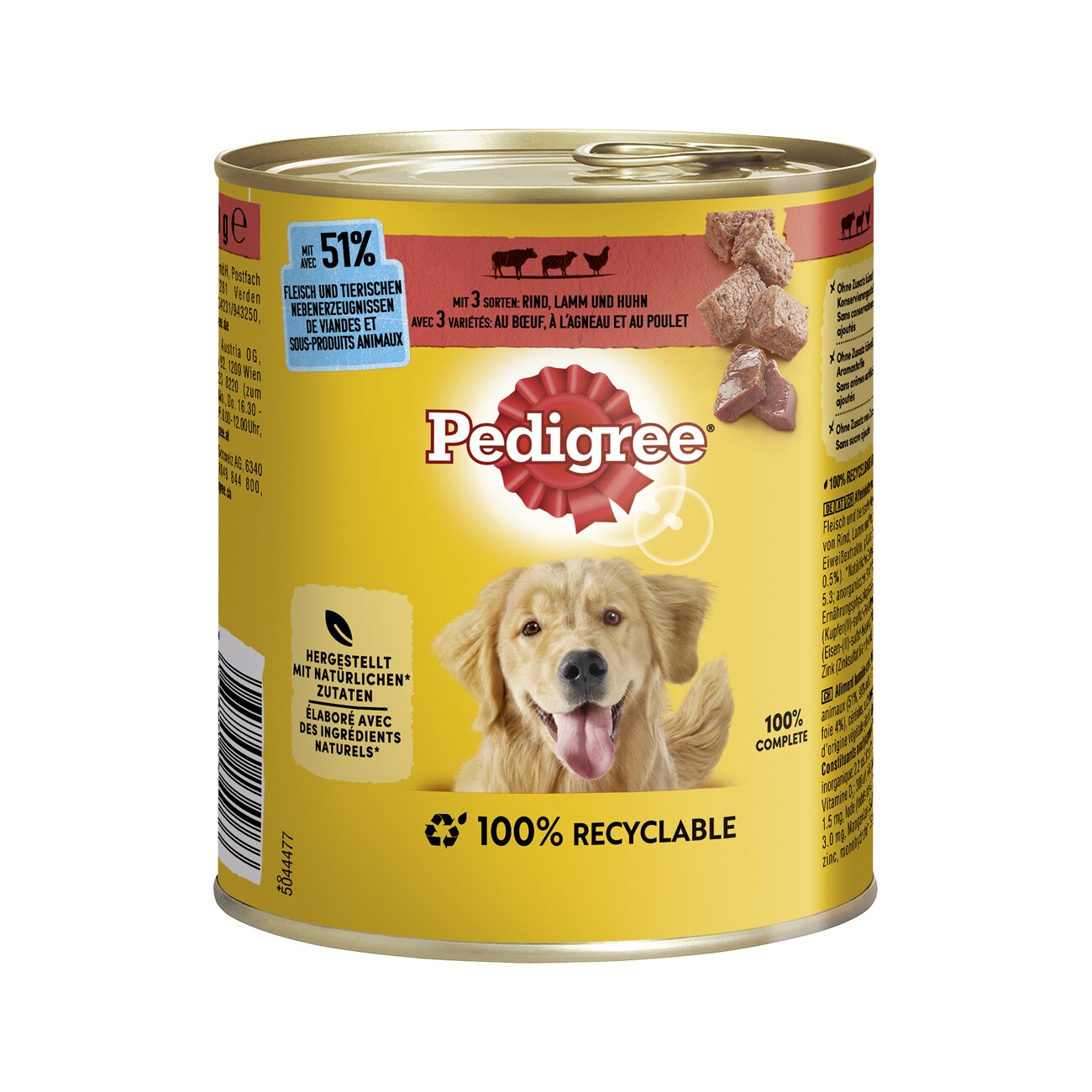 Pedigree Nassfutter Hund Adult, Classic 3 Sorten 12x800 g Rind, Lamm und Huhn