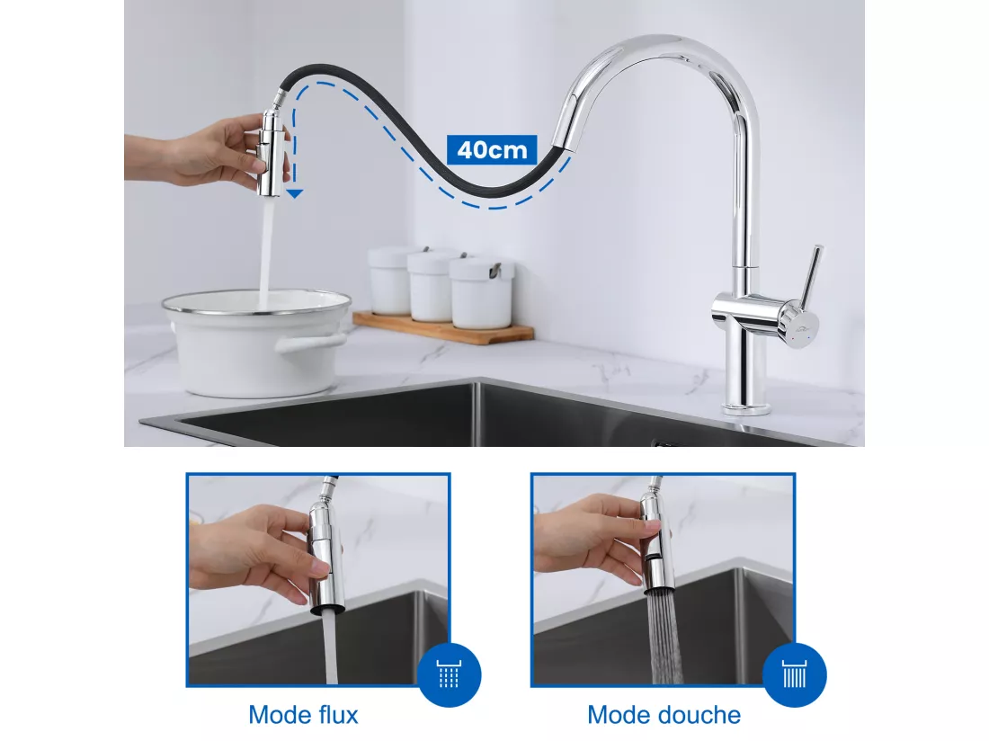 AuraLum Max Robinet de Cuisine Extractible, Robinet de Cuisine Avec Douchette Deux Types de Jets D'eau,Mitigeur Monocommande Pivotant À 360,EU Modèle