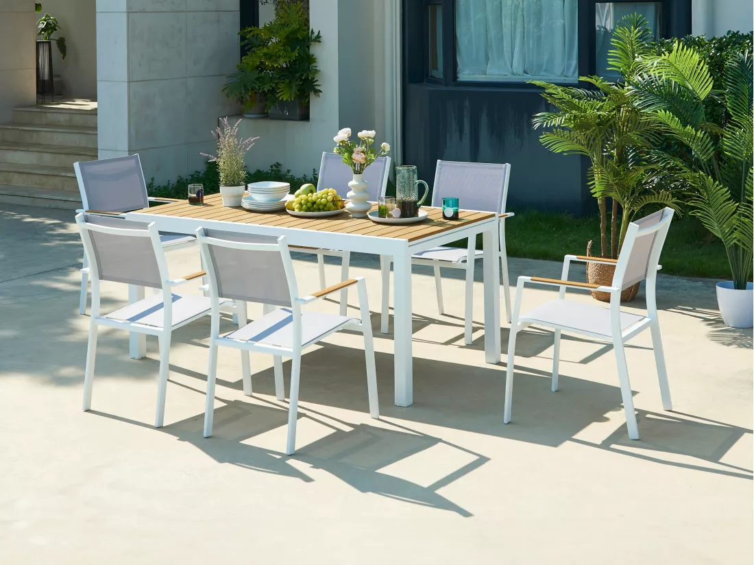 Salle à manger de jardin en aluminium et polywood : une table extensible L.170/230 cm et 6 fauteuils empilables - Naturel clair et gris - MACILA de MYLIA