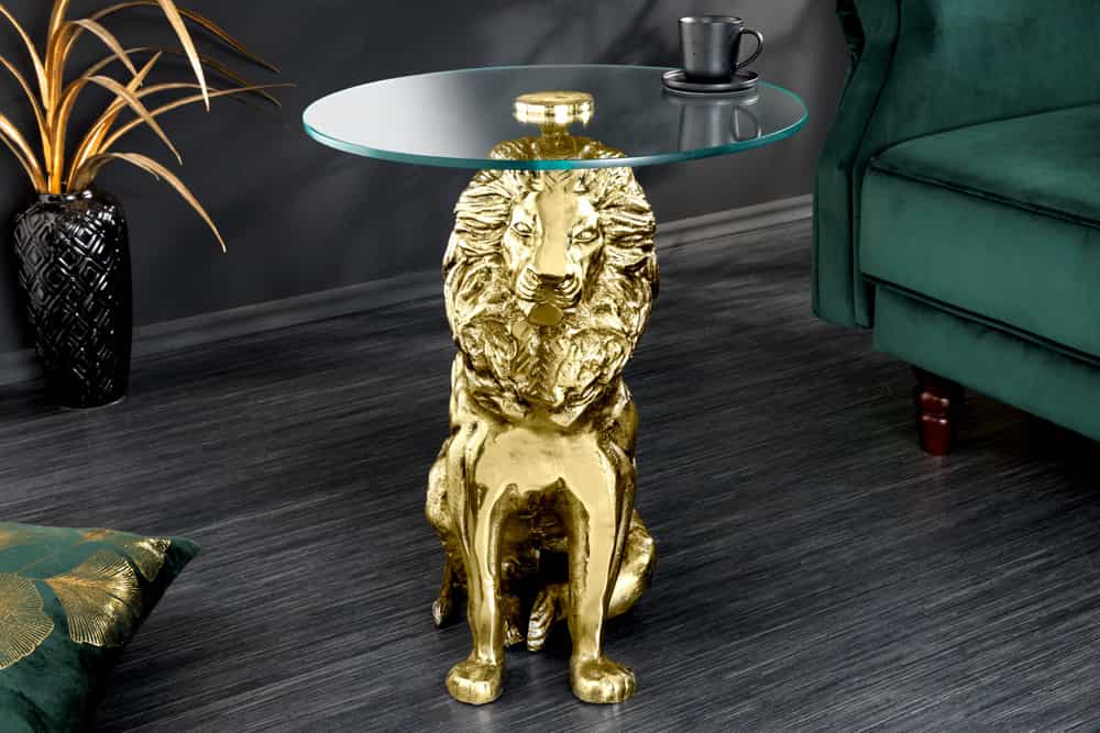 Runder Beistelltisch WILDLIFE LION 60cm gold antik Metall Glas Löwen Skulptur