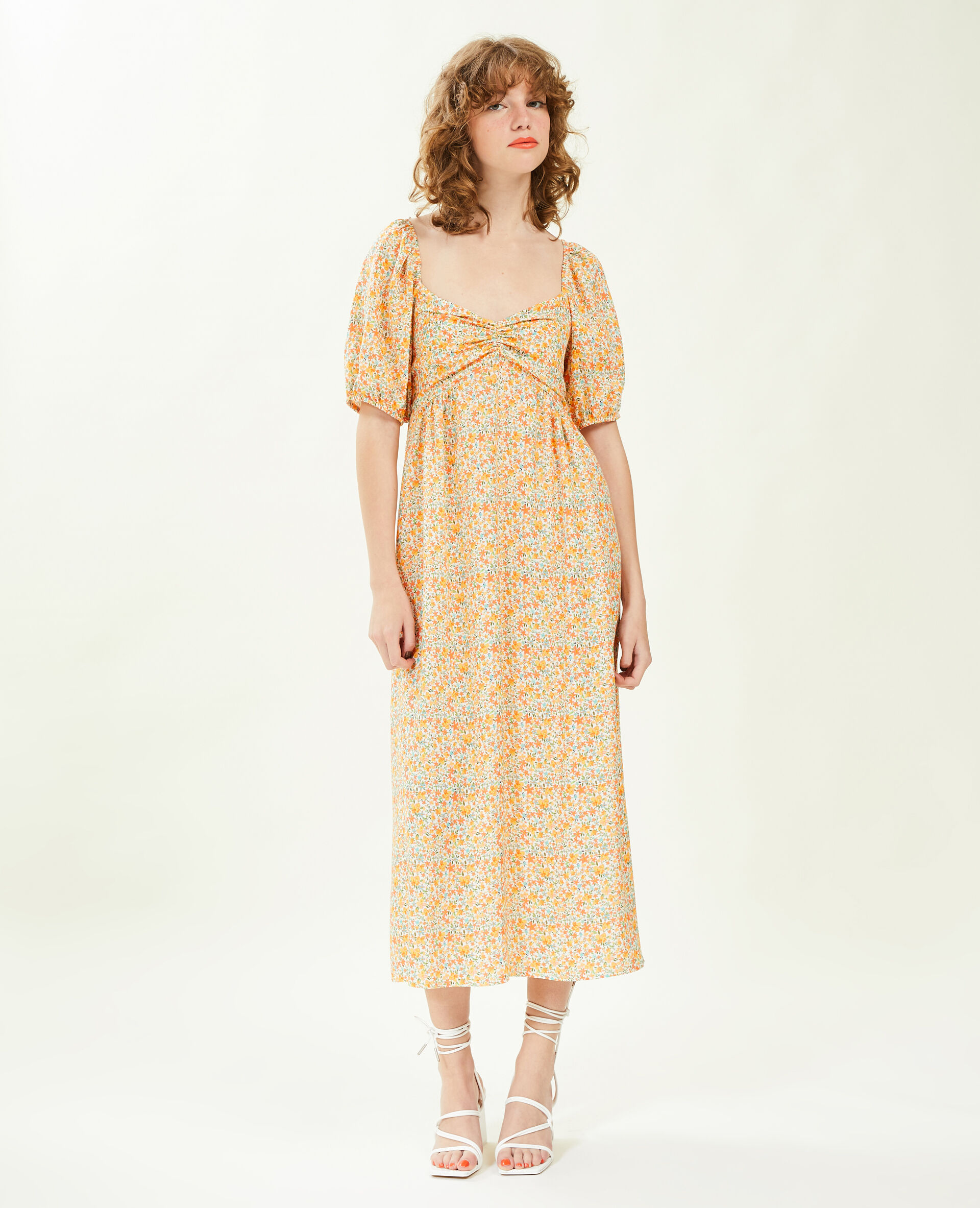 Robe midi manches ballons motifs fleurs - Blanc