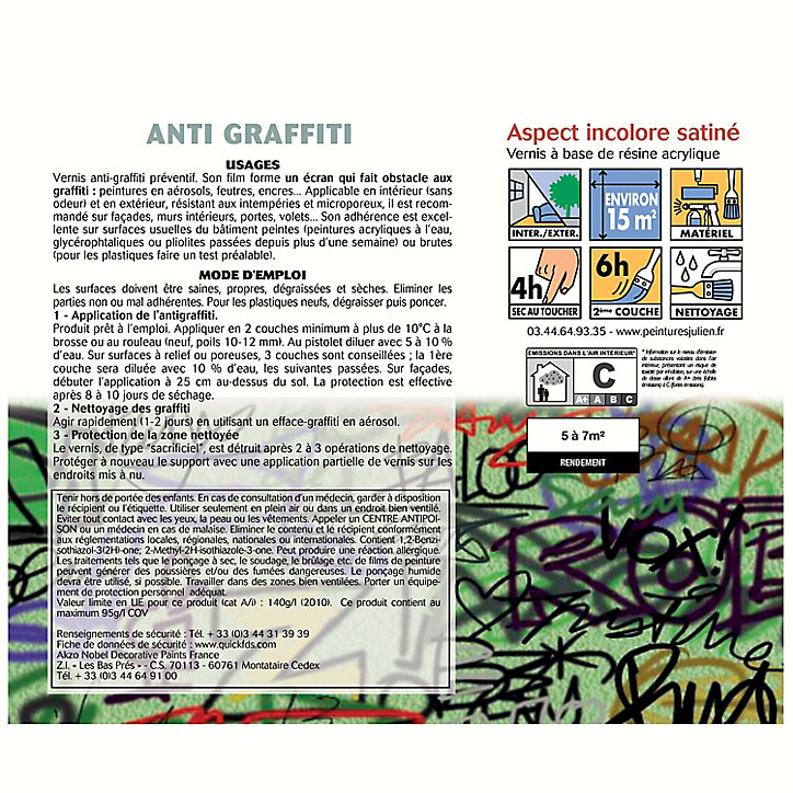 Vernis anti graffiti préventif pour murs portes, volets bruts ou peints Julien satin incolore 0,5L