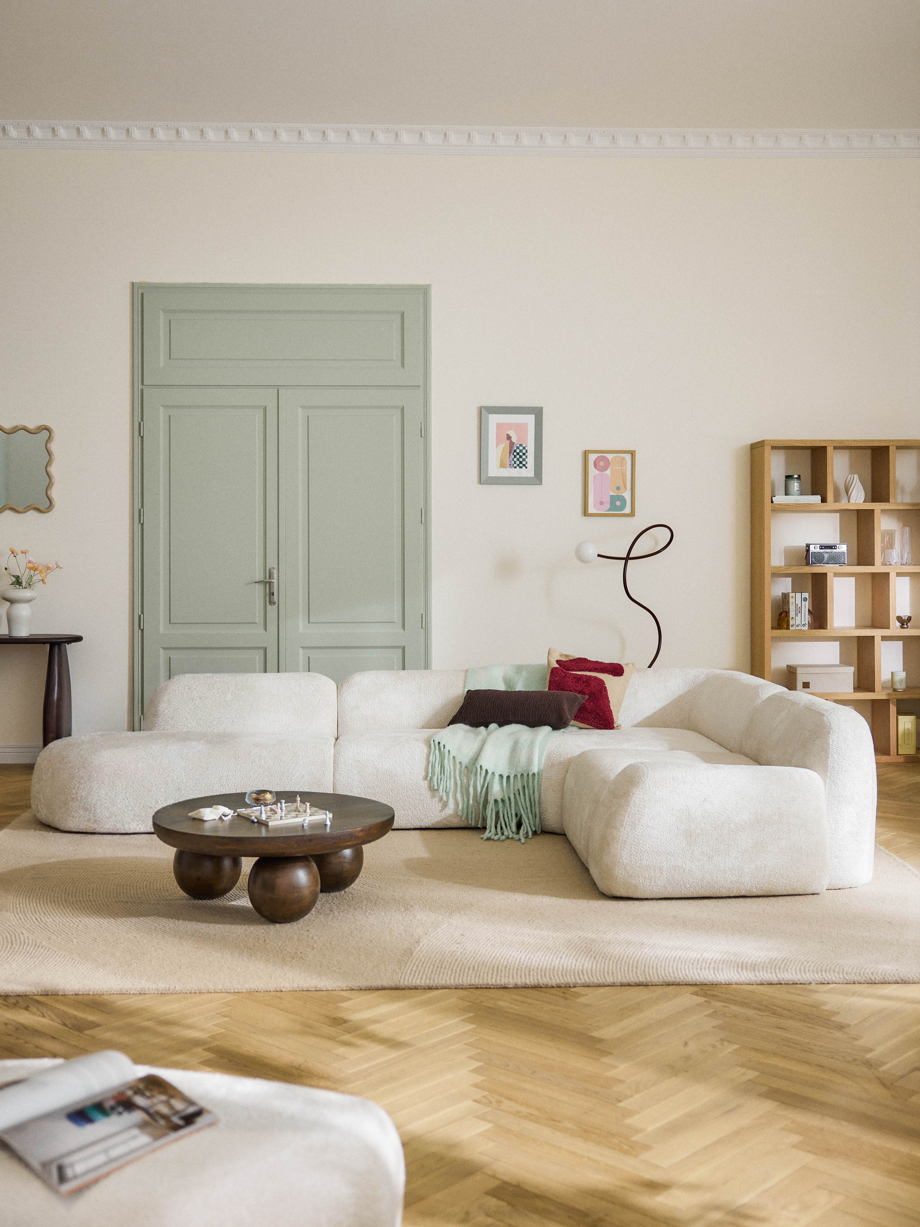 XL modulaire teddy bouclé hoekbank Wolke (4-zits) met chaise longue