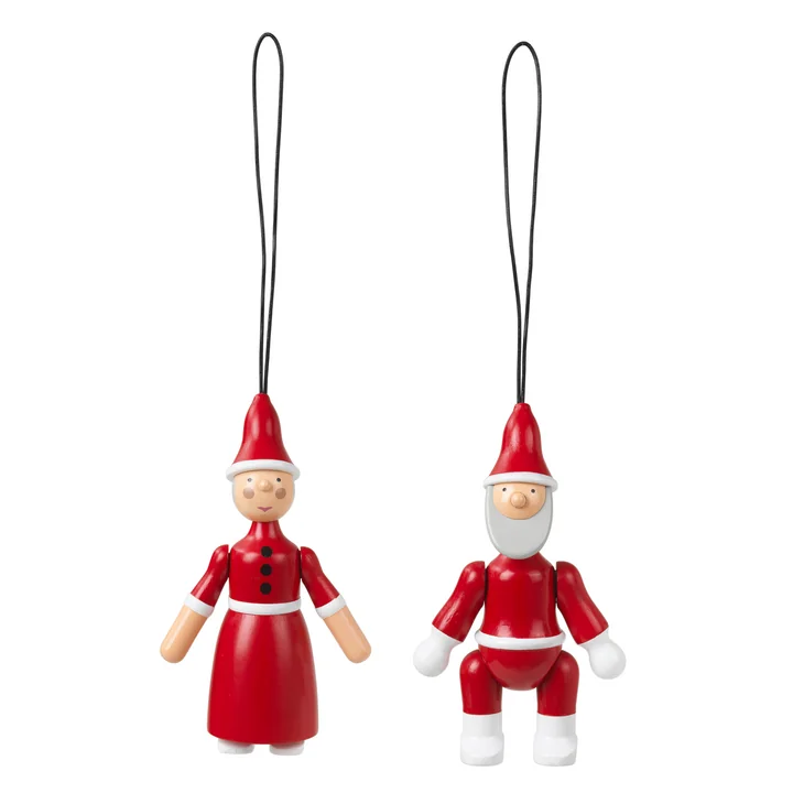 Kay Bojesen - Weihnachtsmann & Weihnachtsfrau Holz-Ornamente, rot / weiss (2er-Set)