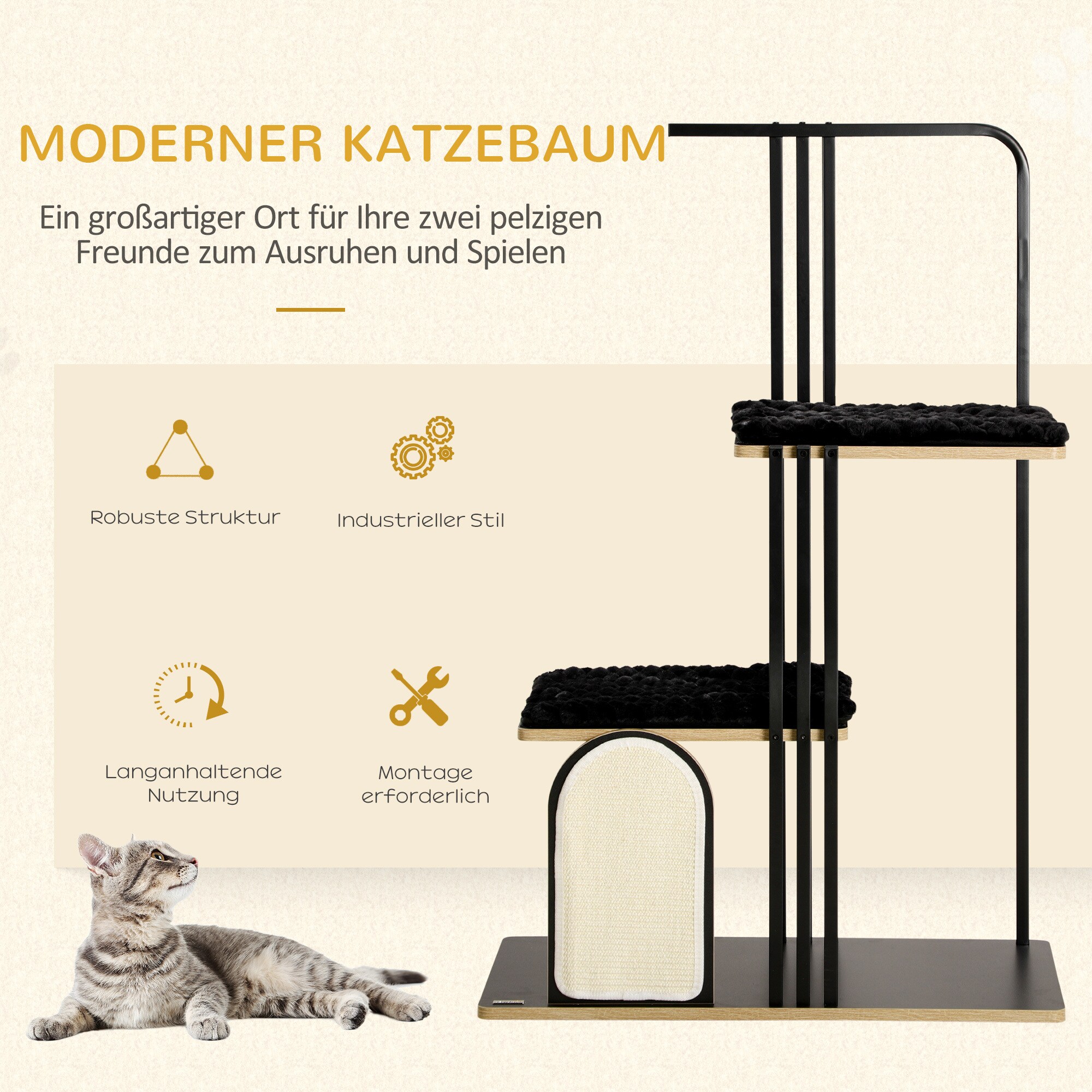 PawHut Kratzbaum mit Kissen und mehrere Ebenen schwarz 85L x 48B x 128H cm