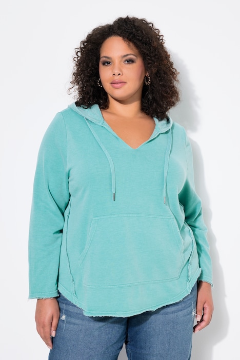Hoodie, offenkantig, Kapuze, V-Ausschnitt, Langarm