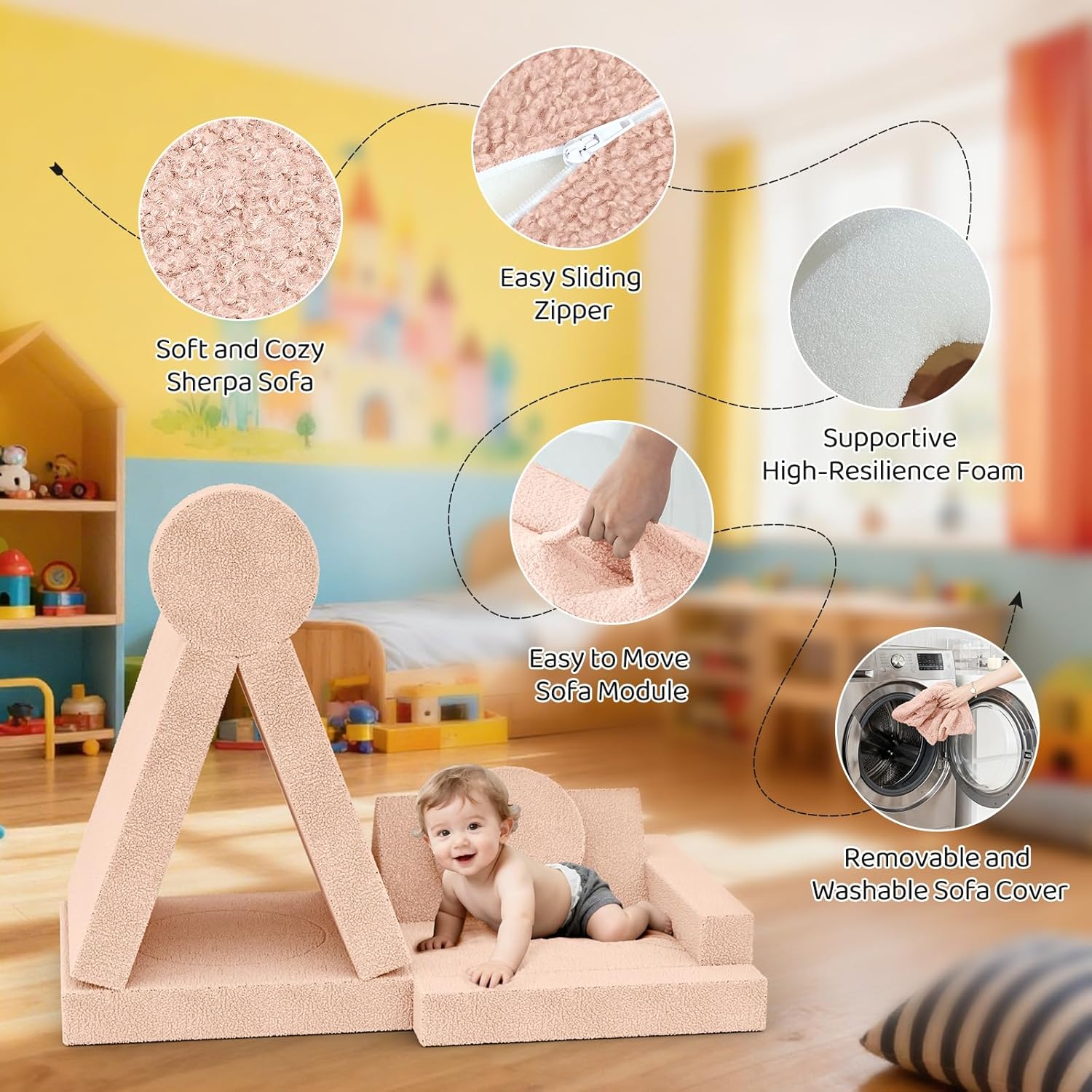 Suhu Spielsofa für Kinder Kindercouch Abnehmbar Ausklappbares Modulares Kindersofa Bausteine für Spielzimmer Schaumstoff Schlafzimmer Möbel DIY Rosa
