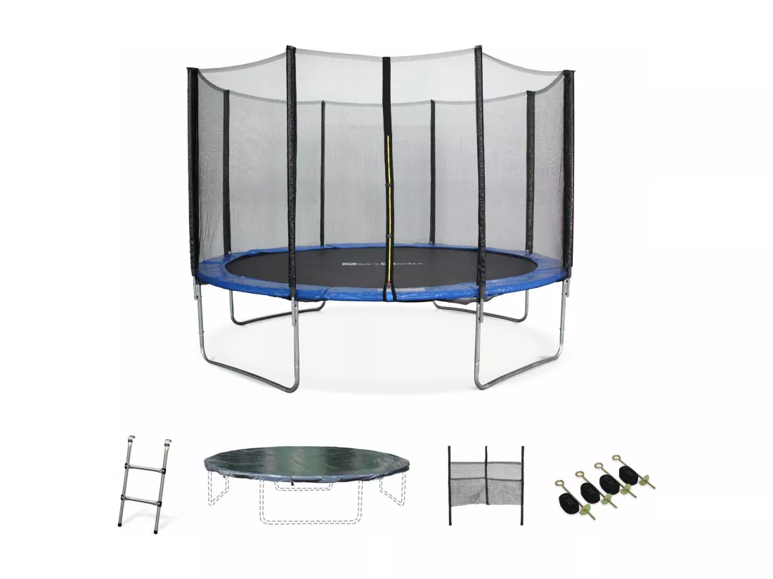 Trampoline 370cm - Saturne XXL Bleu - avec filet de protection. échelle. bâche. filet pour chaussures. kit d'ancrage. trampoline de jardin 370 cm |Qualité PRO |Normes EU