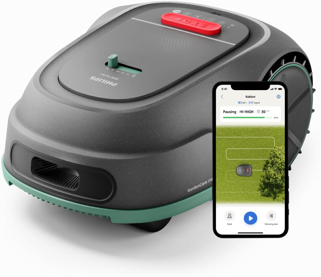 Philips Rasenmähroboter 3000 Serie - Cross-Mowing, GPS-Kartierung, Intelligentes Mähen, schnelleres Mähen, Hangtauglichkeit, Homerun-App, Regensensor-Technologie, Kalkstein Grau (RSL3000/10)