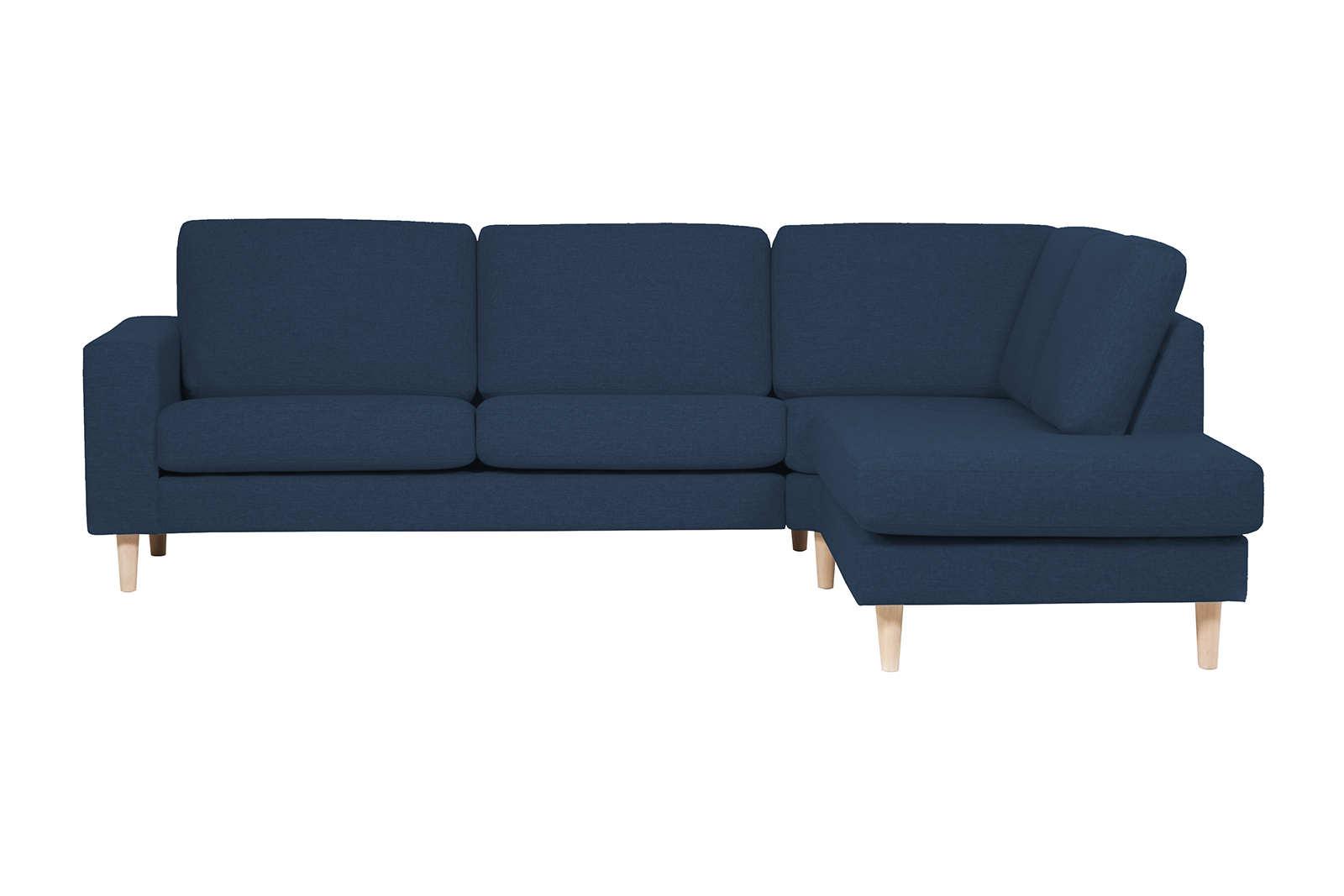 Hedda sofa Hjørnesofa 2,5-seter åpen ende høyre i tekstil Inari Blue, arm F 18 cm og ben 1 hvitoljet eik.