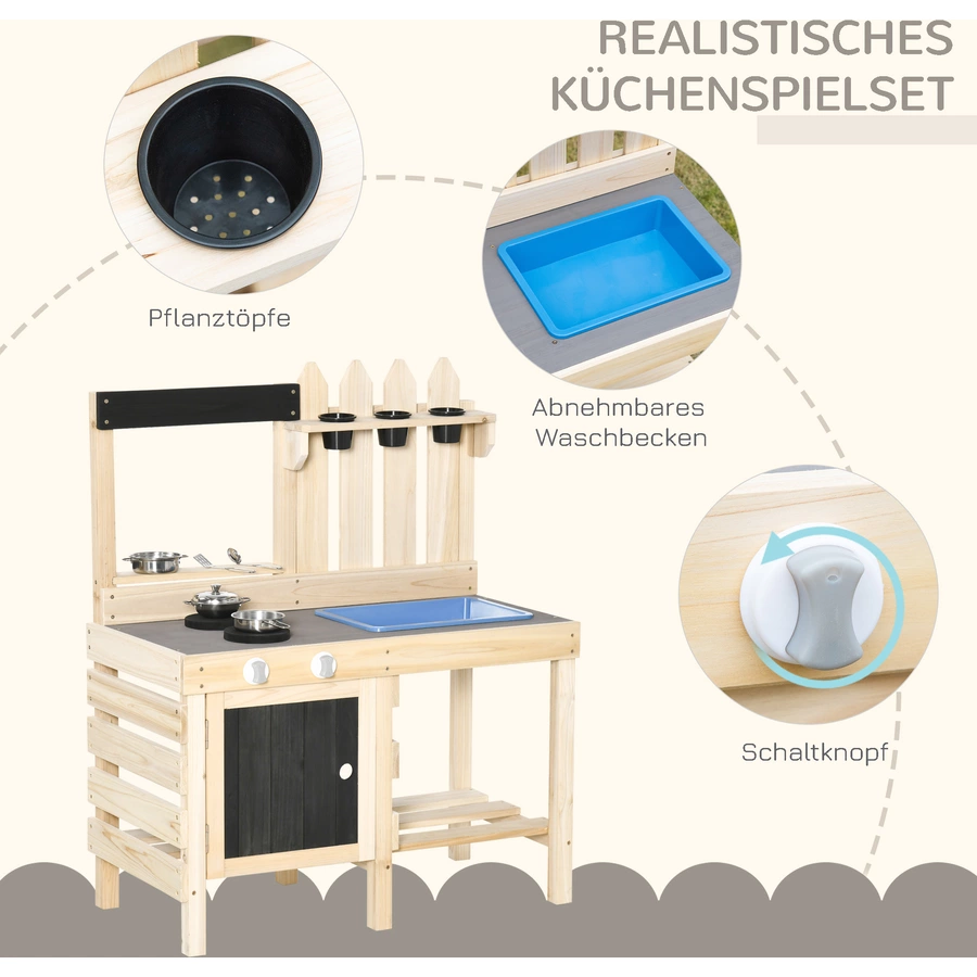 Outsunny Kinderküche mit Pflanzentöpfe natur