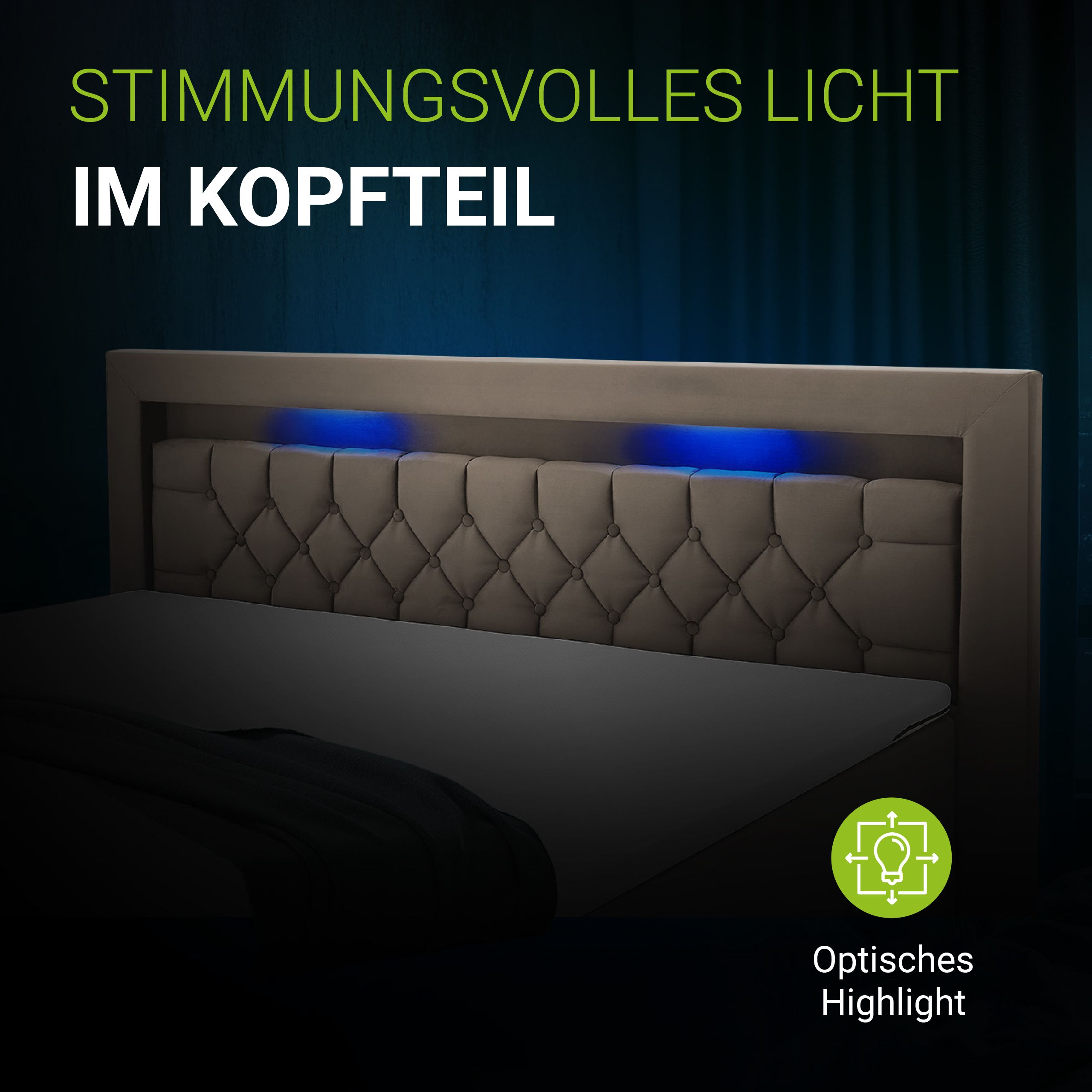 Juskys Boxspringbett Leona Samt 140x200 cm in Beige – mit LEDs, Topper & H4-Federkern-Matratzen