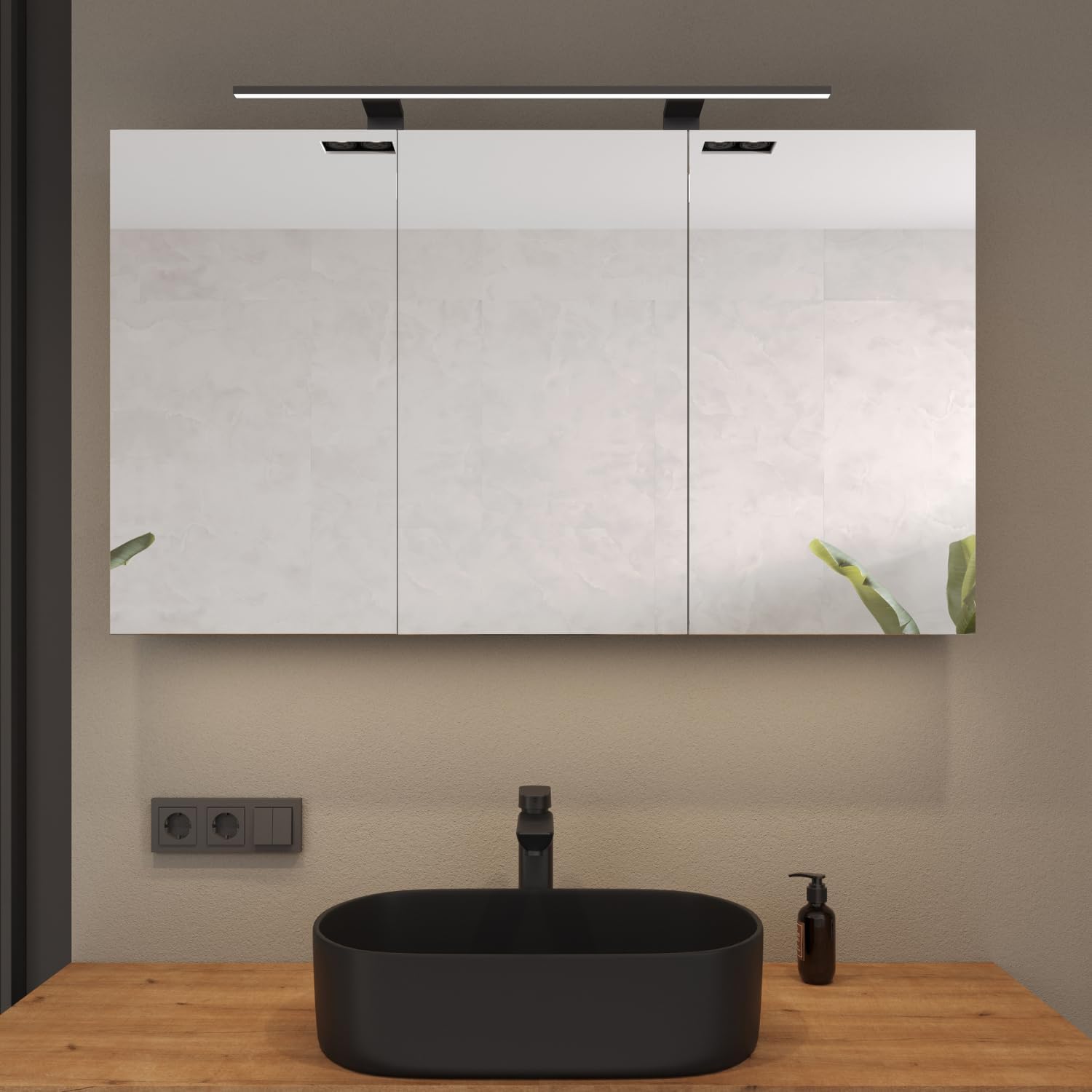 Planetmöbel ARIA Spiegelschrank Bad 120 cm breit | Badschrank hängend mit Spiegel | Weiß Grau, ohne Leuchte und Steckdose, Spiegelschrank Gäste WC 120 x 70 x 16 cm