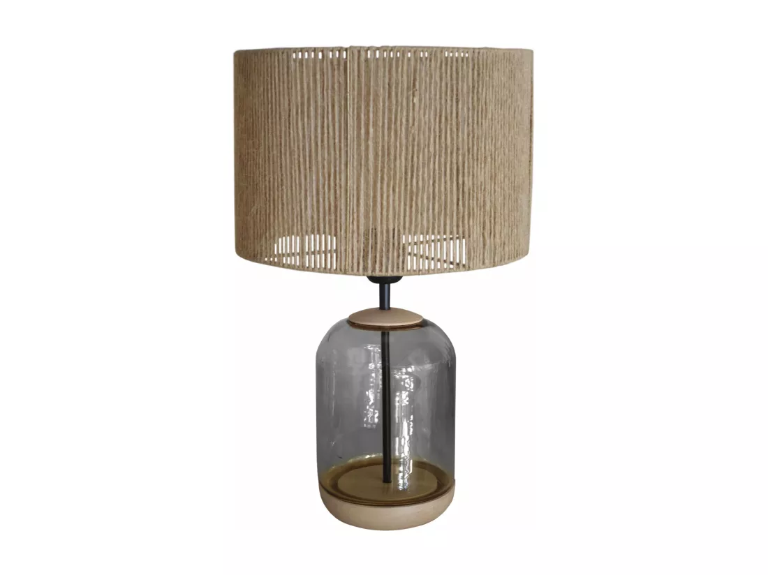 Lampe de chevet cylindre bois,verre,fumée,fillage jute 50 cm.