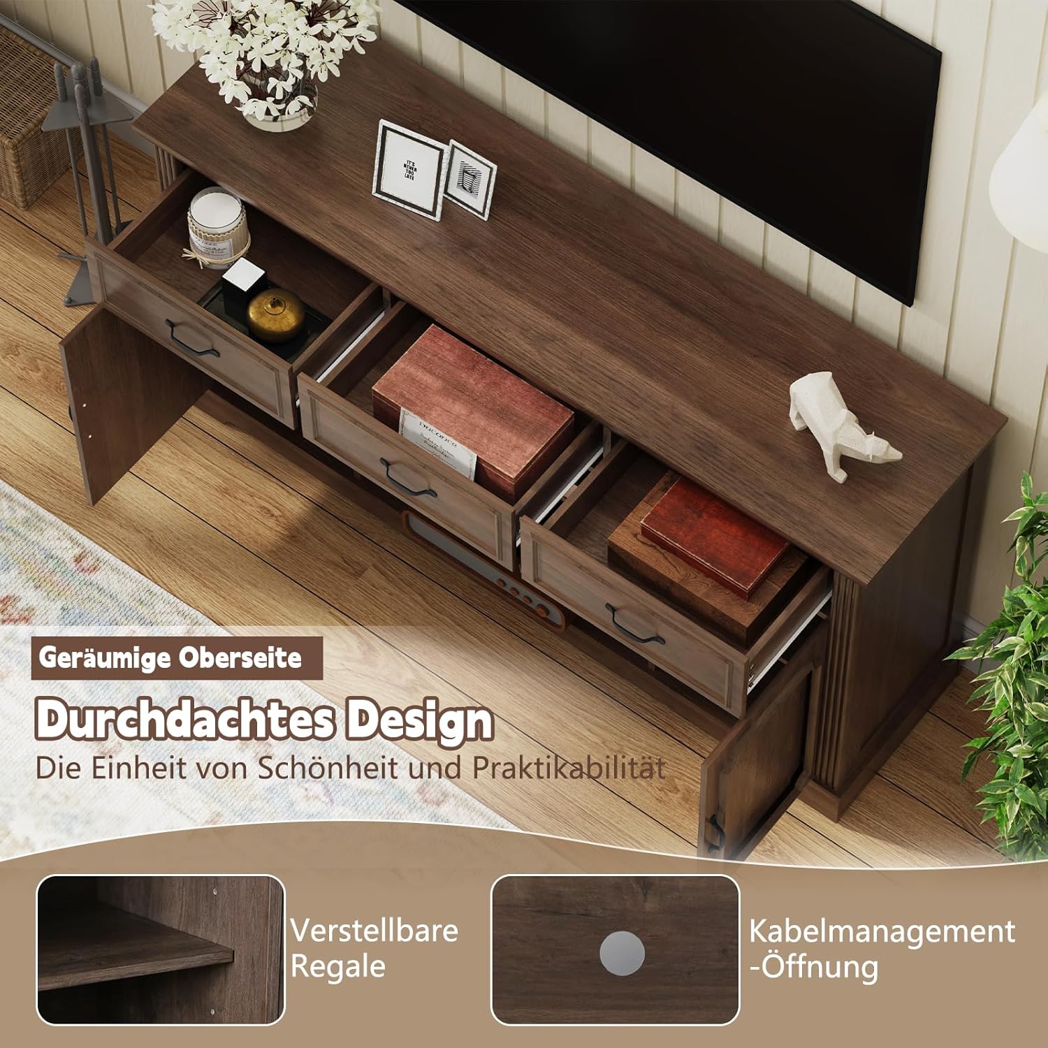 Fernsehschrank-TV-Schrank Holz Fernsehtisch Lowboard für Fernseher TV Cabinet Sideboard Fernseher für Wohnzimmer, Esszimmer, Schlafzimmer, Braun