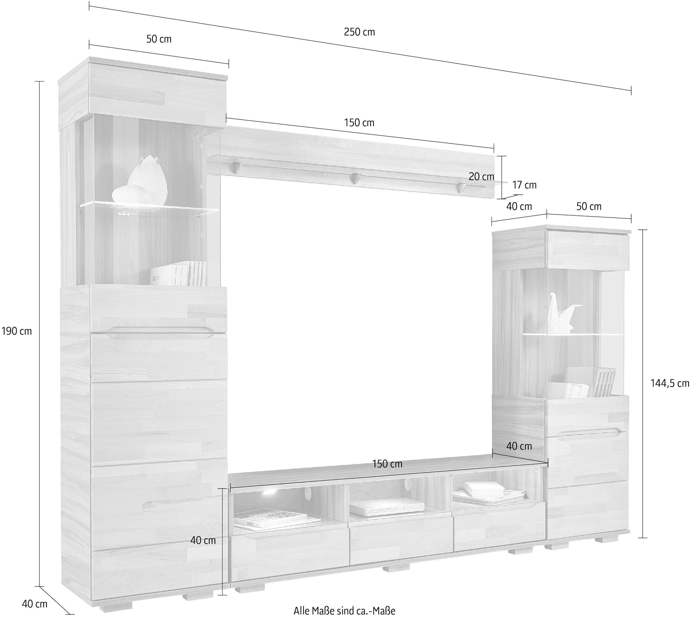 Home affaire Wohnwand »Vetro,Fronten Massivholz,Korpus Holzwekstoff,Griffmulden« Set, 4 Stk. tlg.