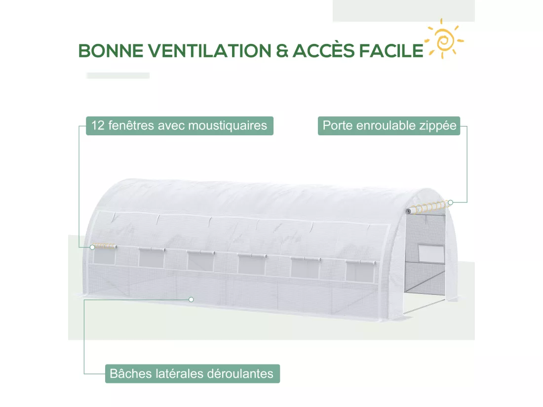Serre de jardin tunnel 18 m² dim. 5,97L x 3,02l x 2H m - 12 fenêtres, porte zippée enroulable - châssis tubulaire acier galvanisé, bâche PE haute densité blanc